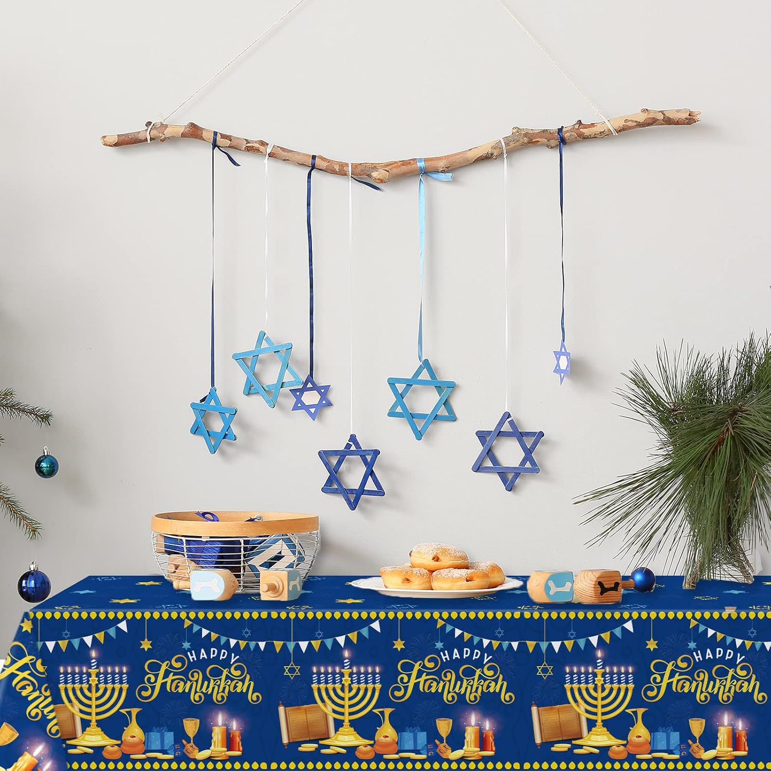 3 Pcs Hanukkah Tablecloths Blue Gold Fabric Decorations