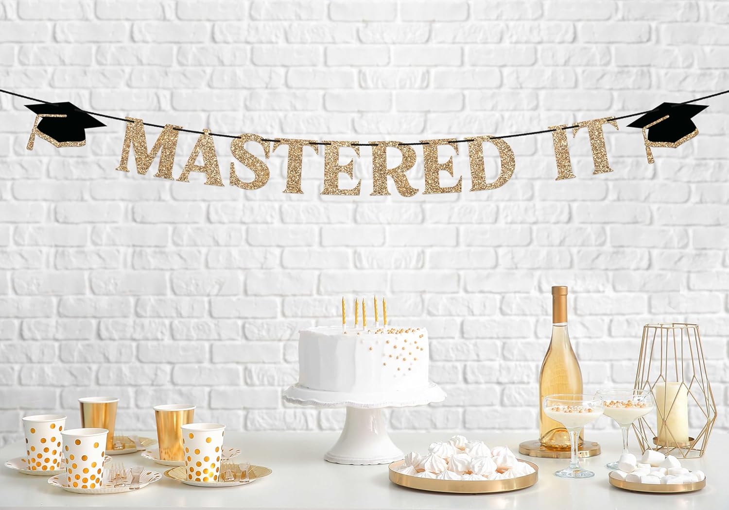 Gold Glitter Graduation Party Banner - Pre-Strung Garland 10ft Strand