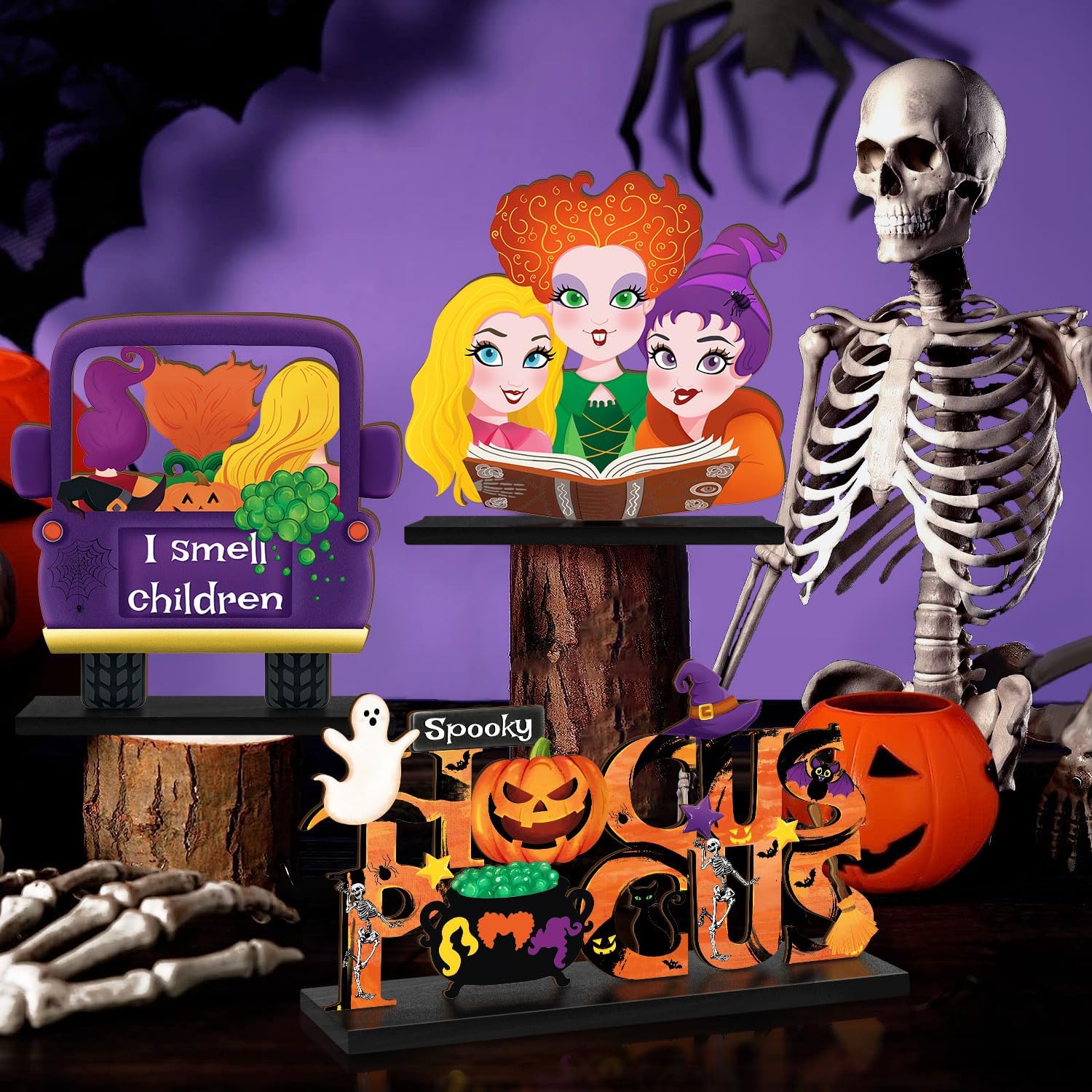3 Piece Hocus Pocus Halloween Table Signs with Wooden Bases