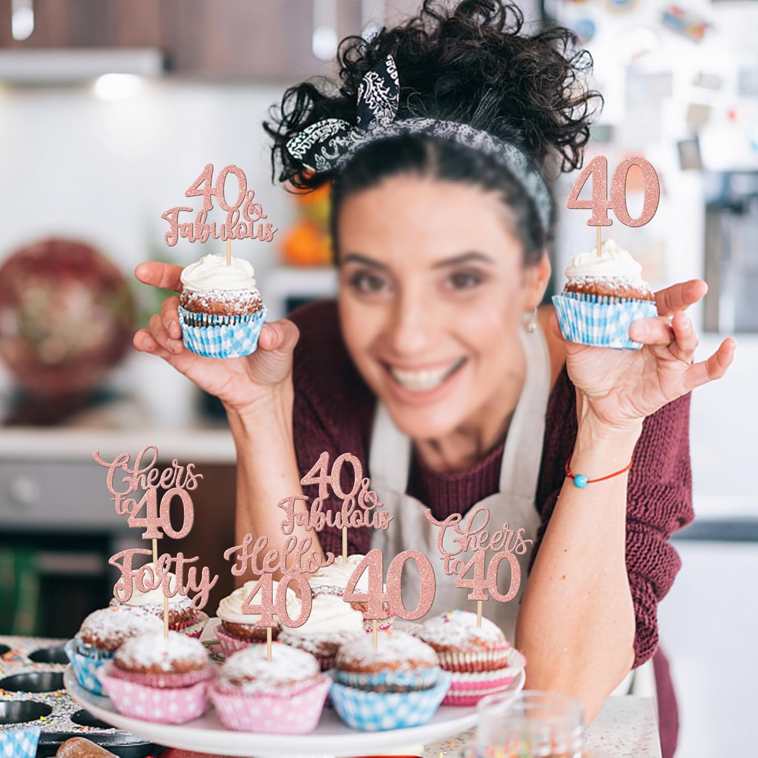 30PCS Happy 40th Birthday Cupcake Toppers Rose Gold Glitter