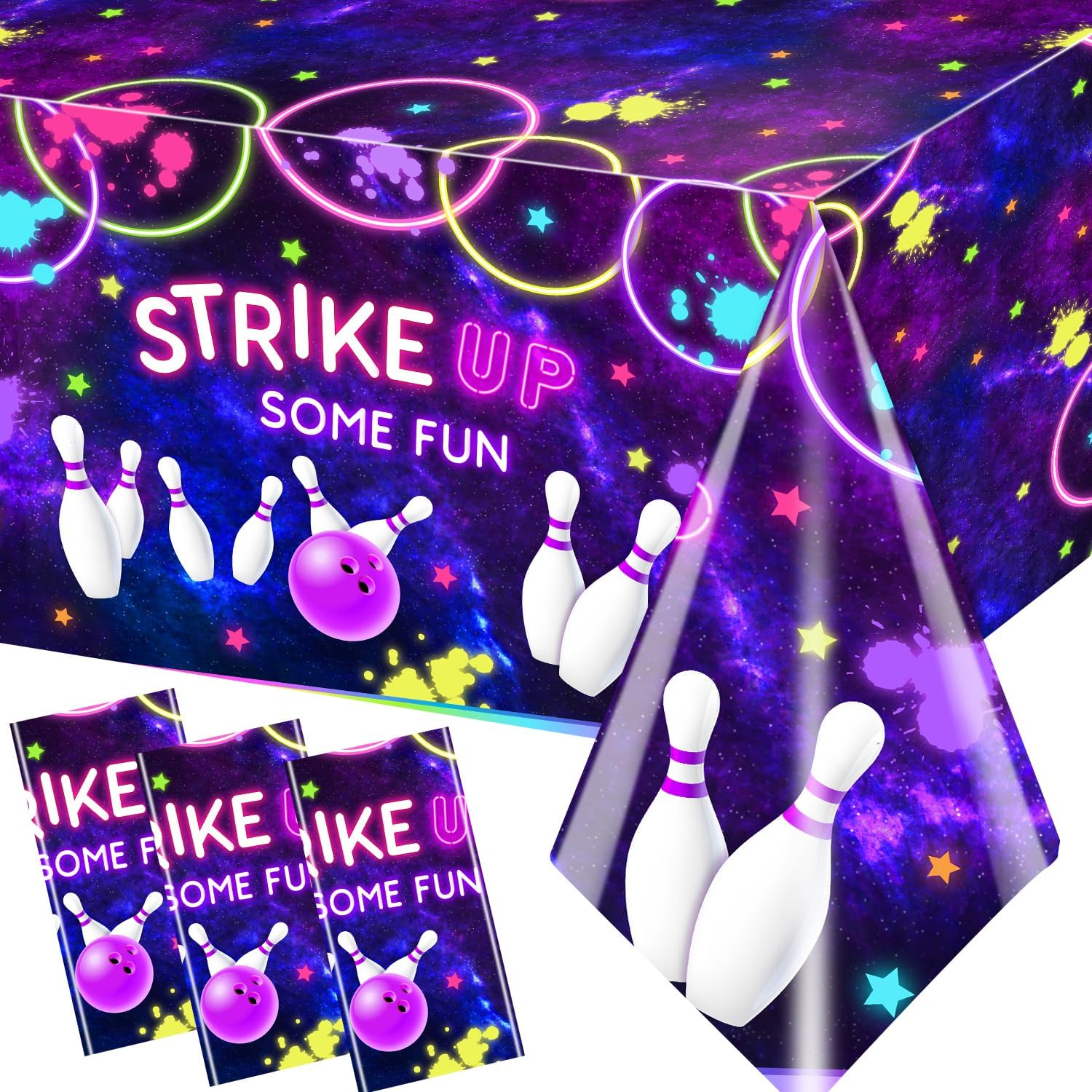 Peghoqu Bowling Party Tablecloth 3Pcs Neon Rainbow Fun Decor