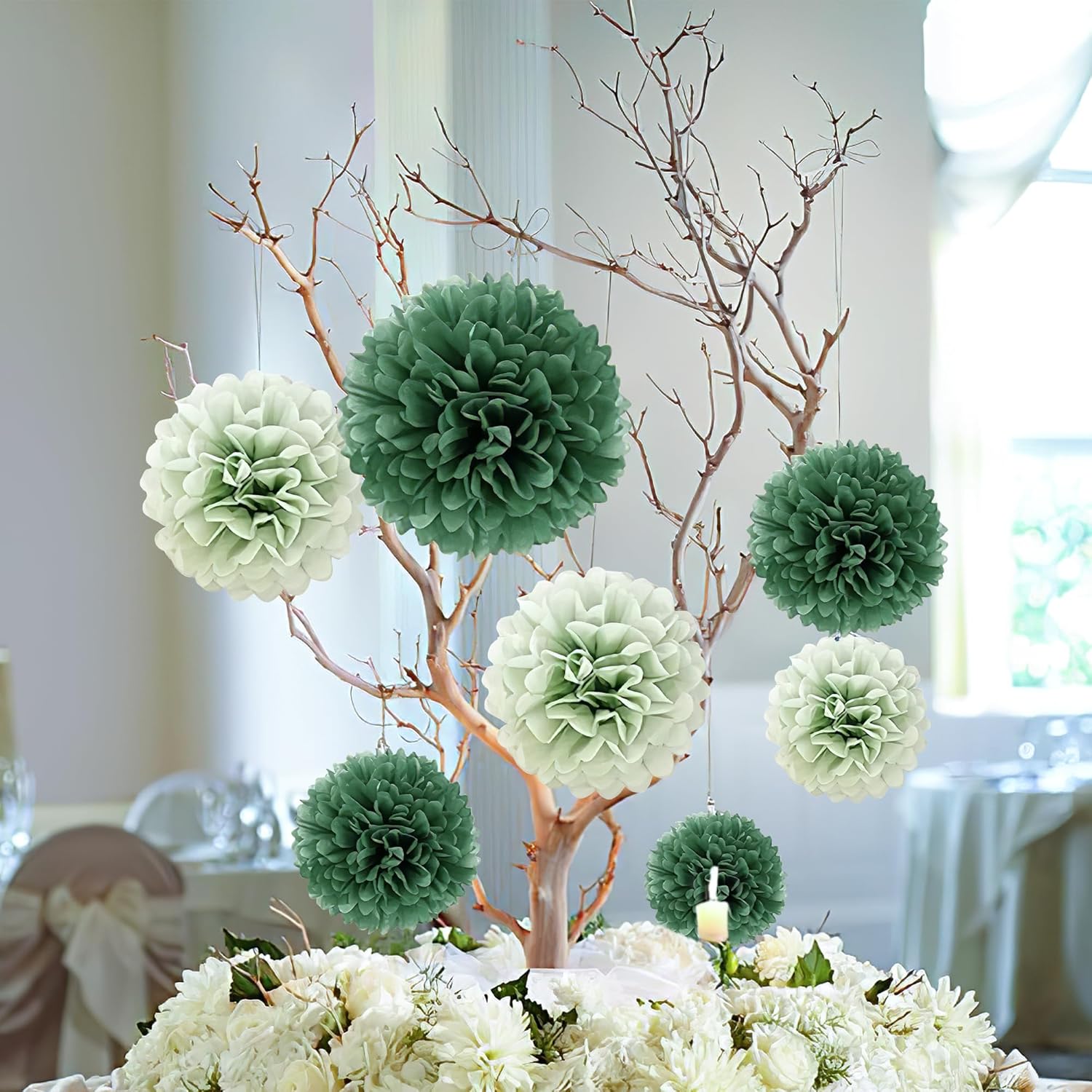20 Piece Sage Green Tissue Paper Pom Poms Decorations