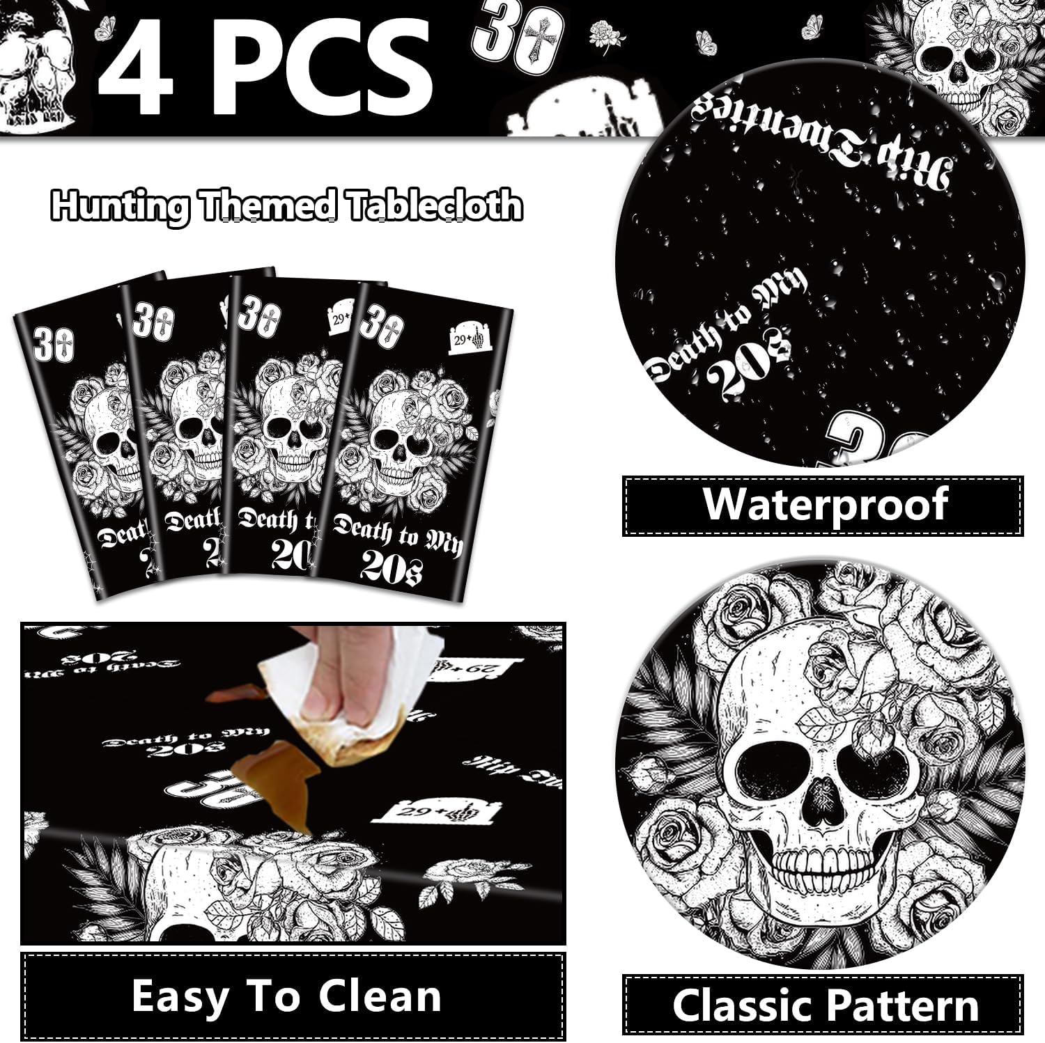 Death to My 20s 4Pcs Tablecloths Black 30th Birthday Decorations