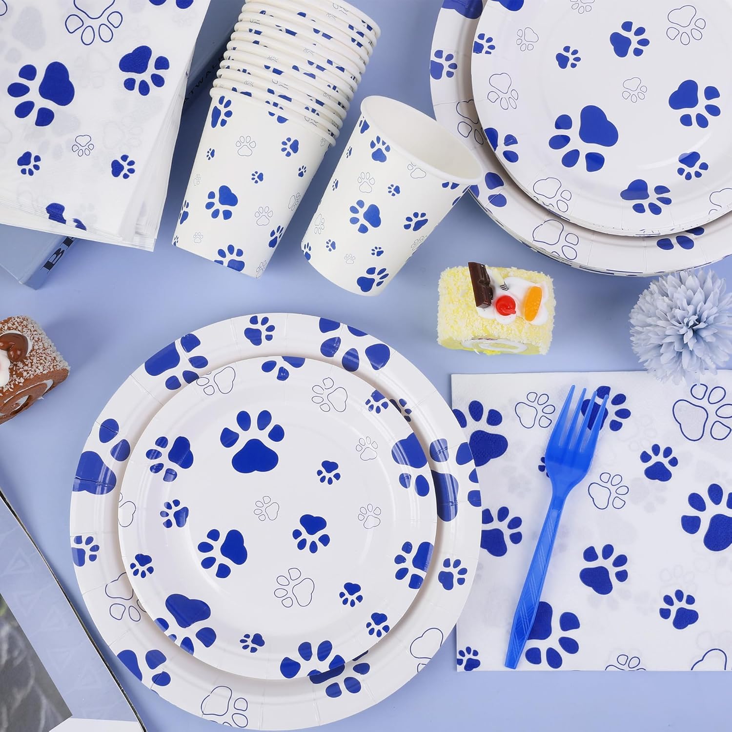 144 Piece Blue Paw Print Party Tableware Set for 24 Guests
