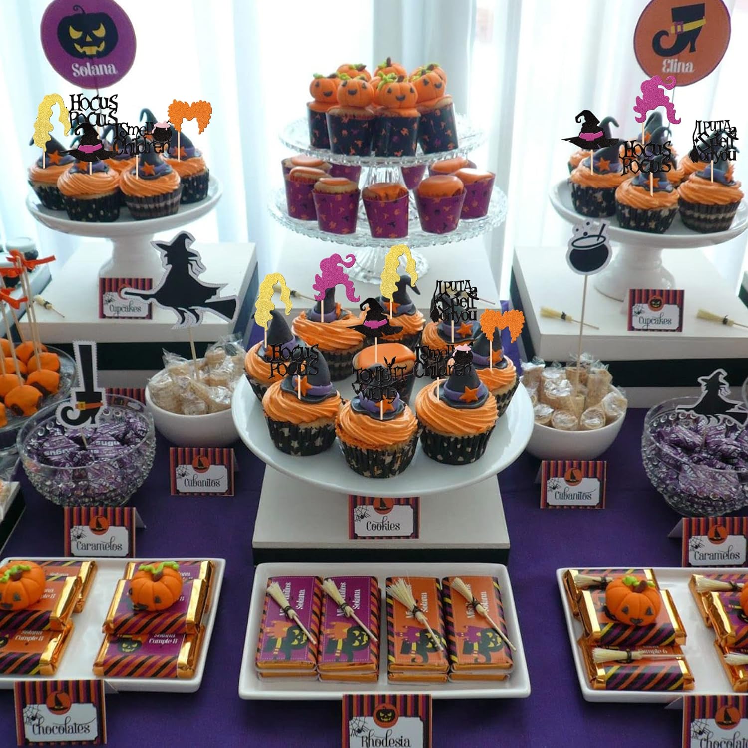 32 Piece Hocus Pocus Cupcake Toppers with Glitter and Bamboo Sticks