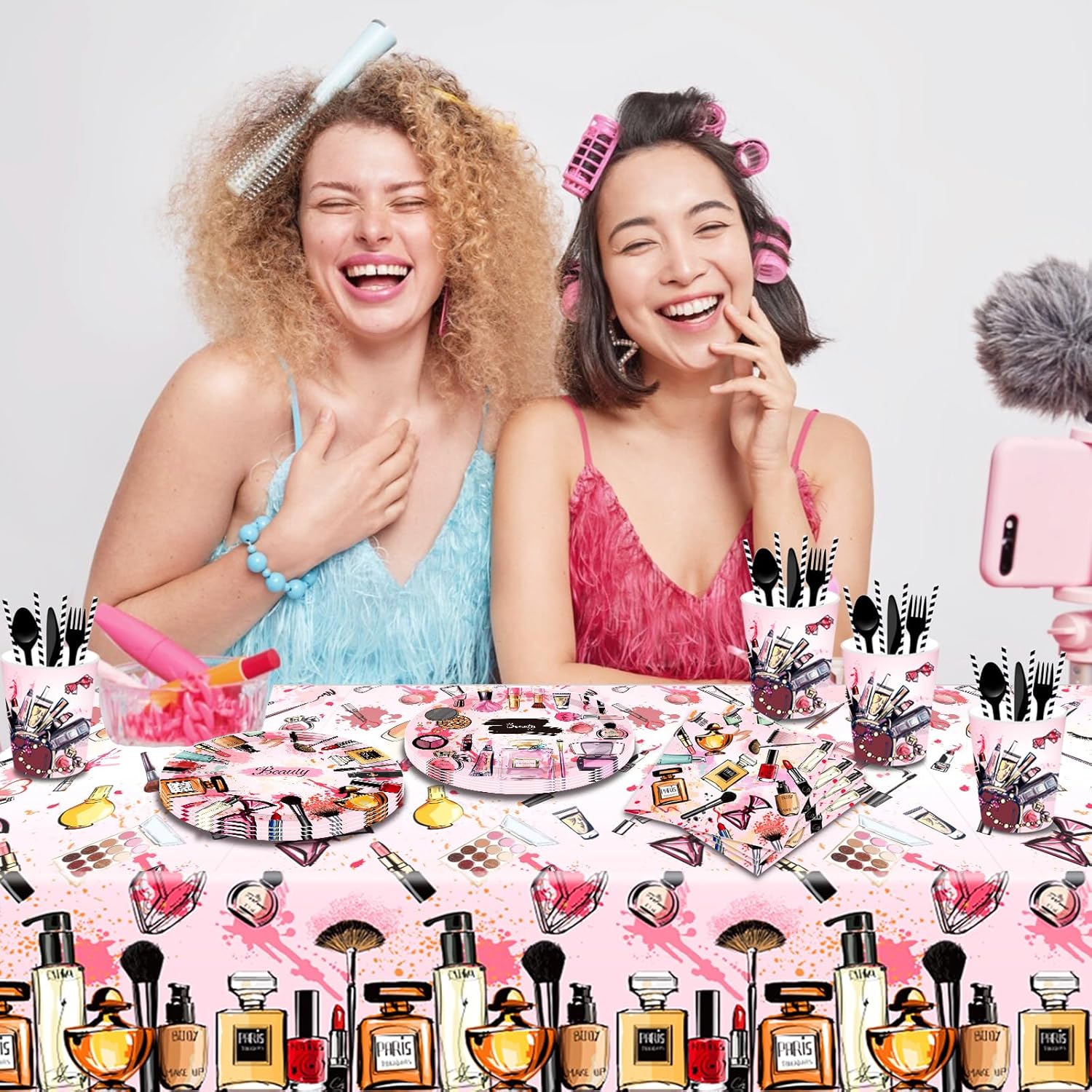 2 Pack Spa Makeup Party Tablecloths - Waterproof Pink Cosmetics Themed