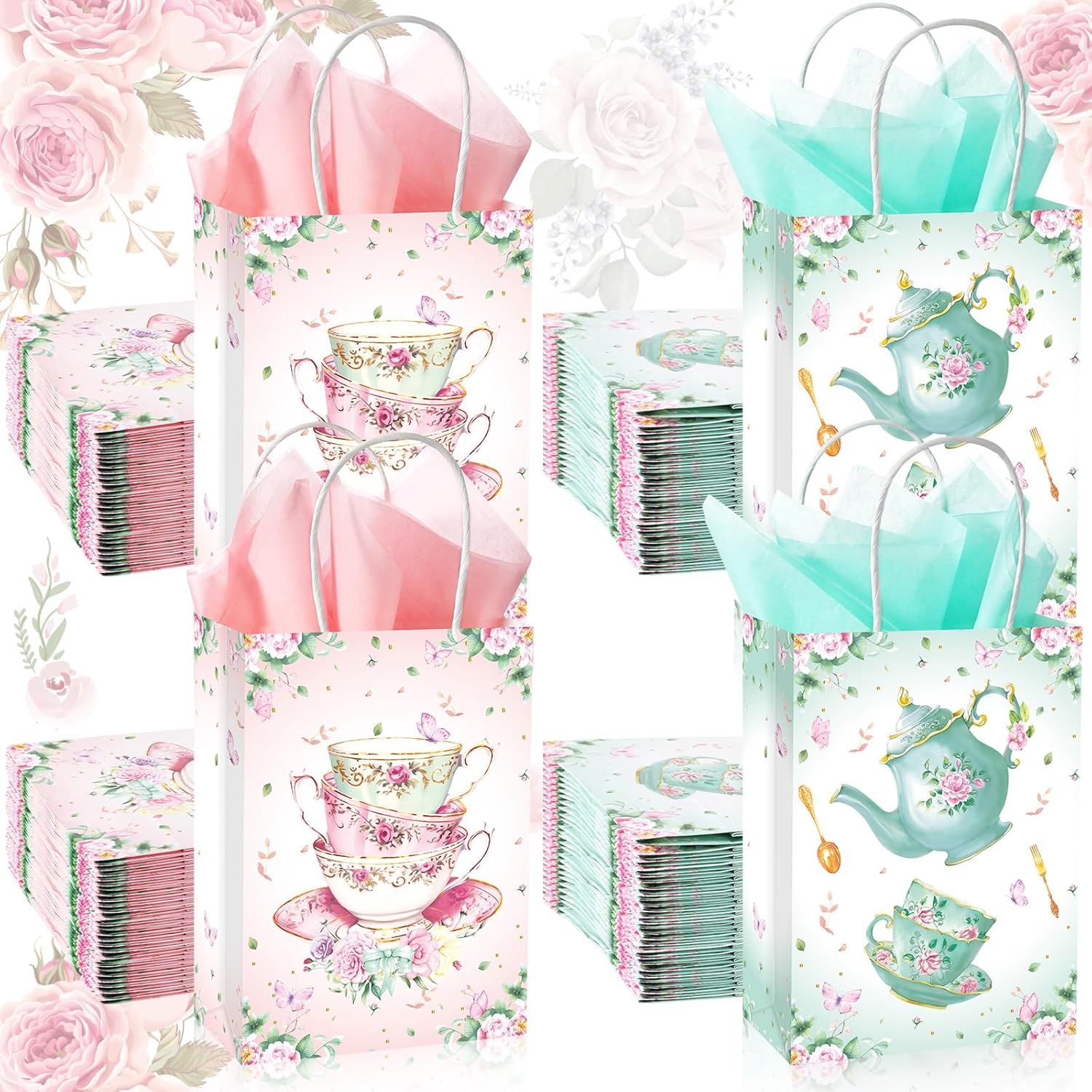 24 Pcs Tea Party Gift Bags with Handles Pink Green