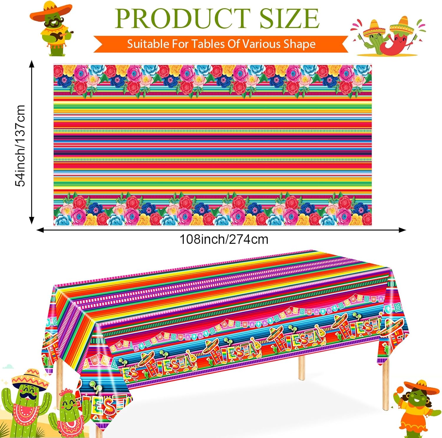 3 Mexican Fiesta Tablecloths 108x54 Inches Set