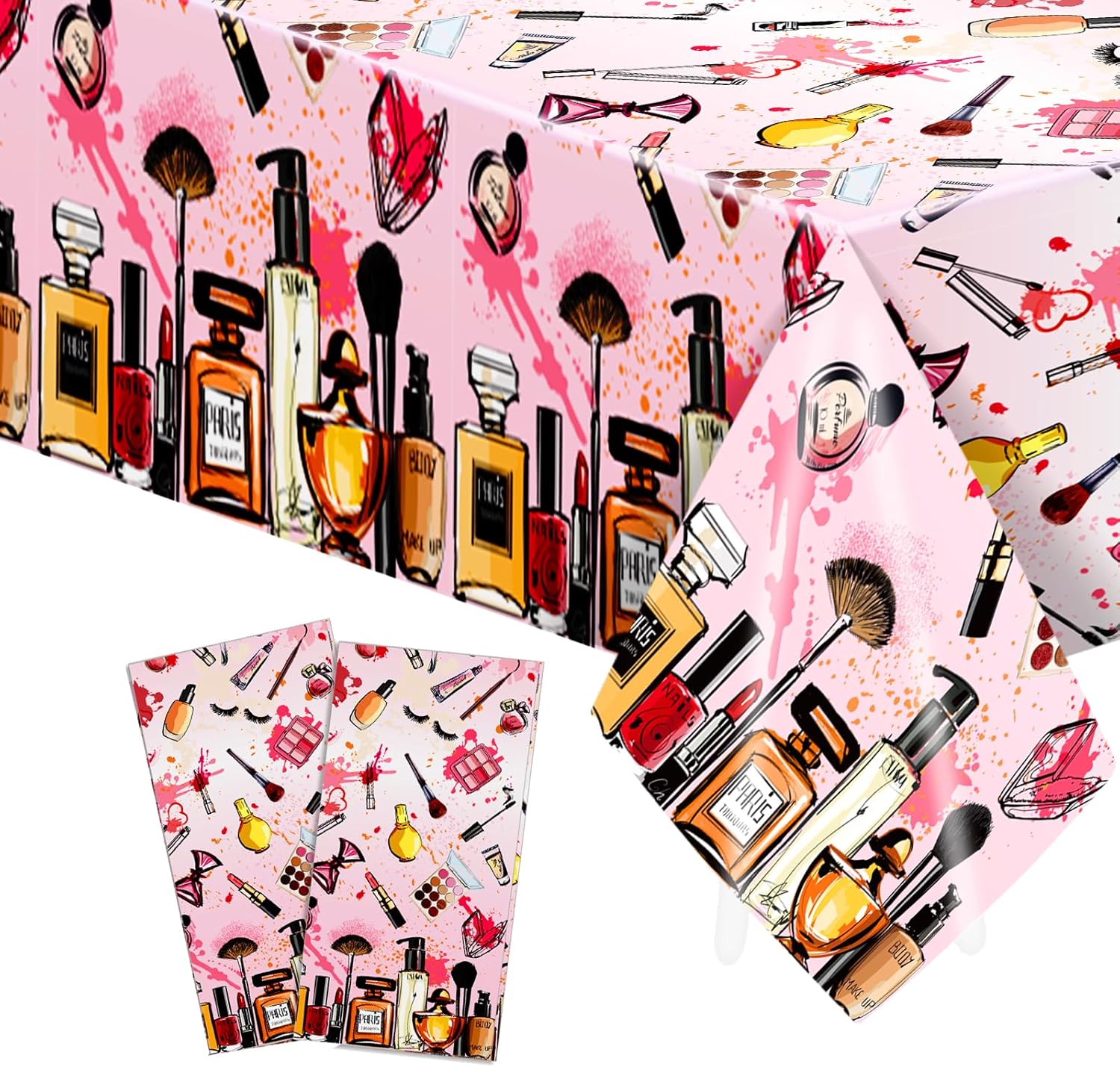 2 Pack Spa Makeup Party Tablecloths - Waterproof Pink Cosmetics Themed