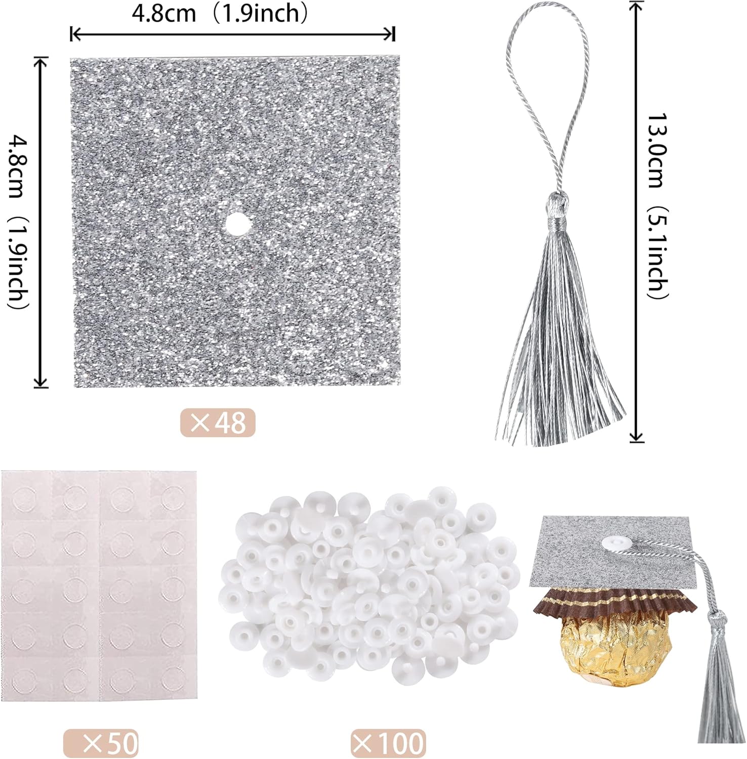 2025 Graduation Cap Cupcake Toppers with Tassel Adhesive Dots Silver