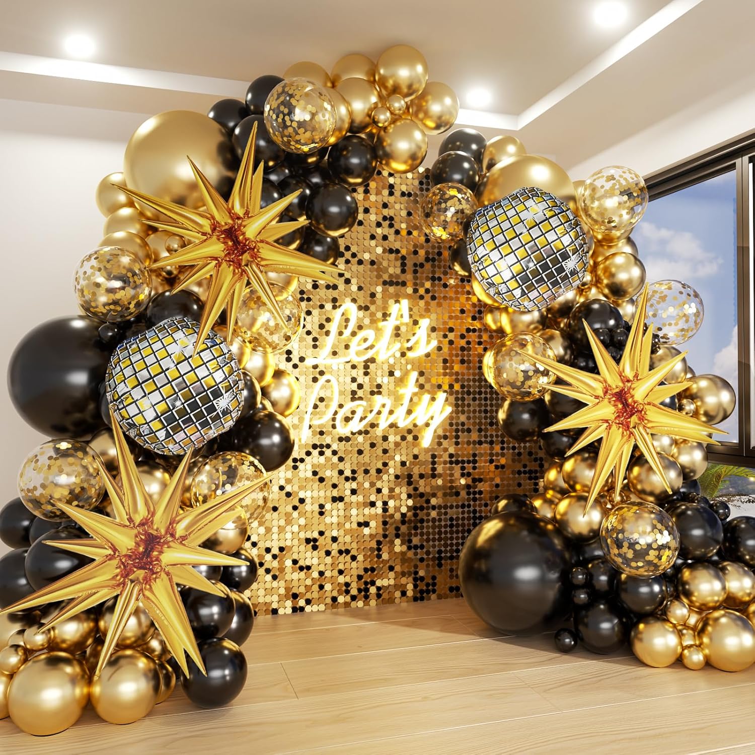 Black and Gold Balloon Garland Arch Kit with Starburst Foil Balloons