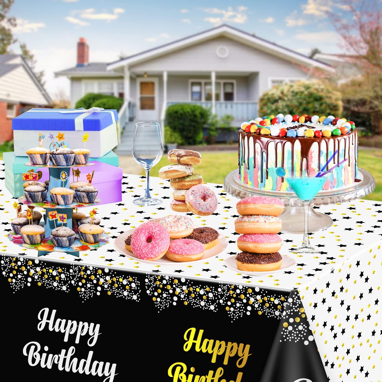 4 Pack Happy Birthday Tablecloths Black Gold Decor 54x108 Inch