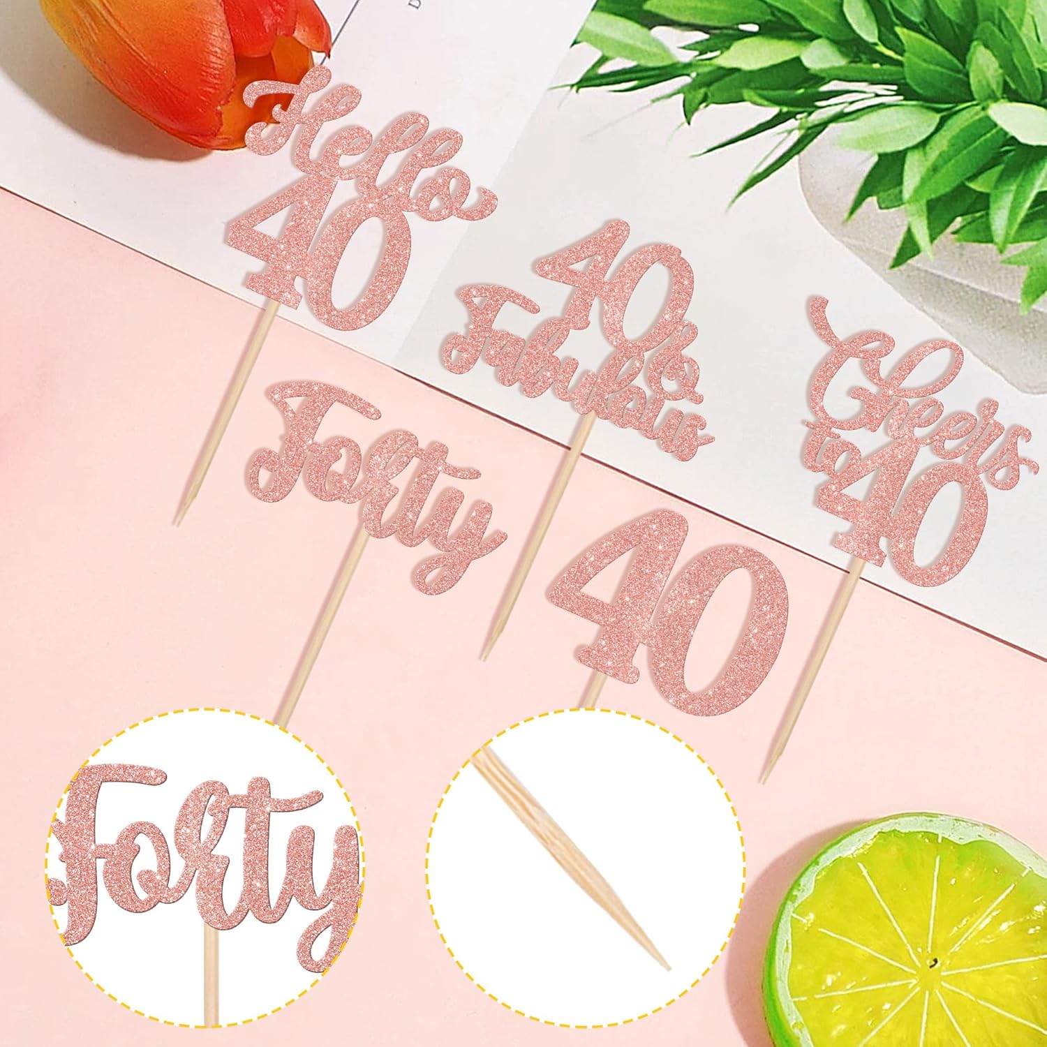 30PCS Happy 40th Birthday Cupcake Toppers Rose Gold Glitter