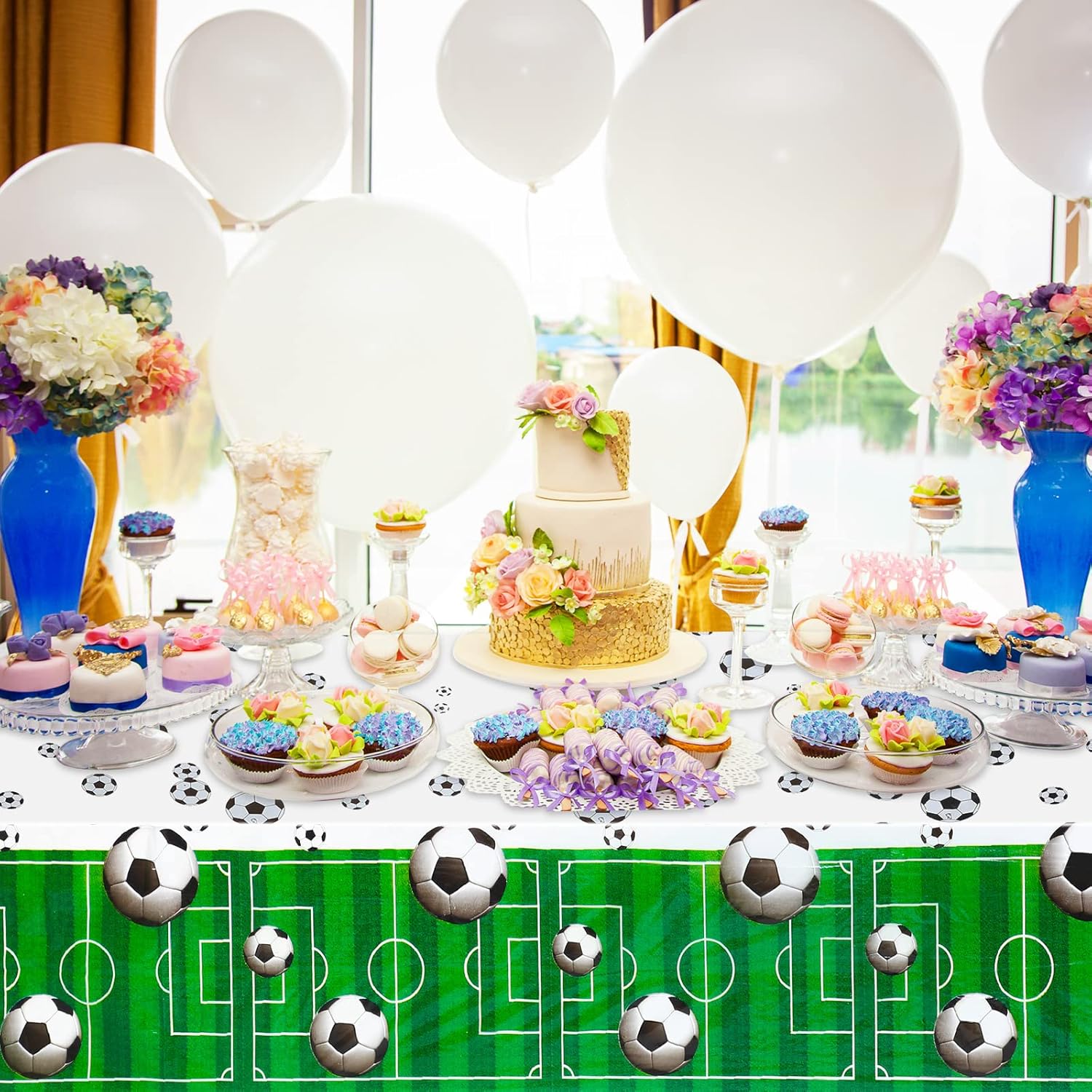 Irenare Soccer Birthday Decorations 5x3ft Backdrop and Table Cloth