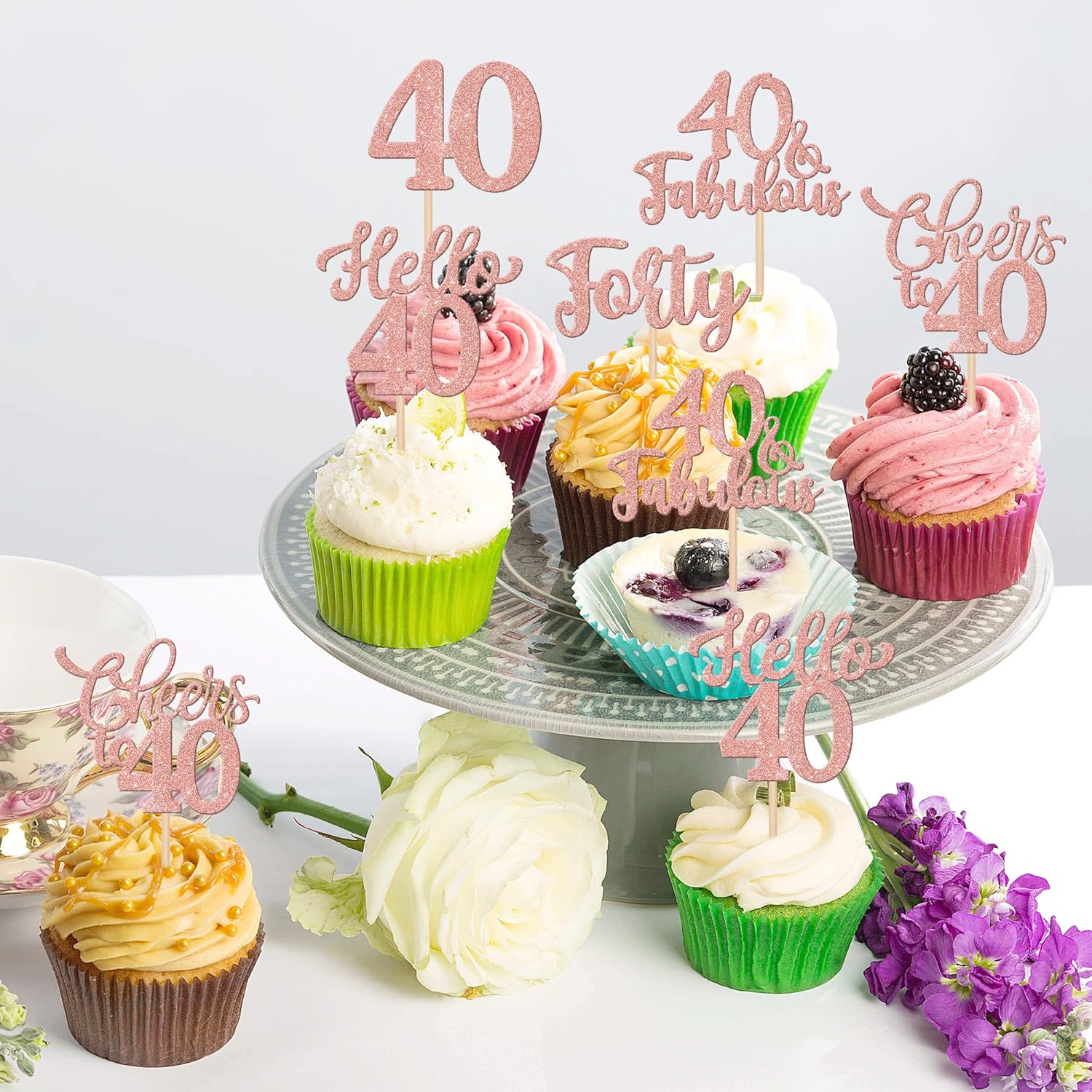 30PCS Happy 40th Birthday Cupcake Toppers Rose Gold Glitter