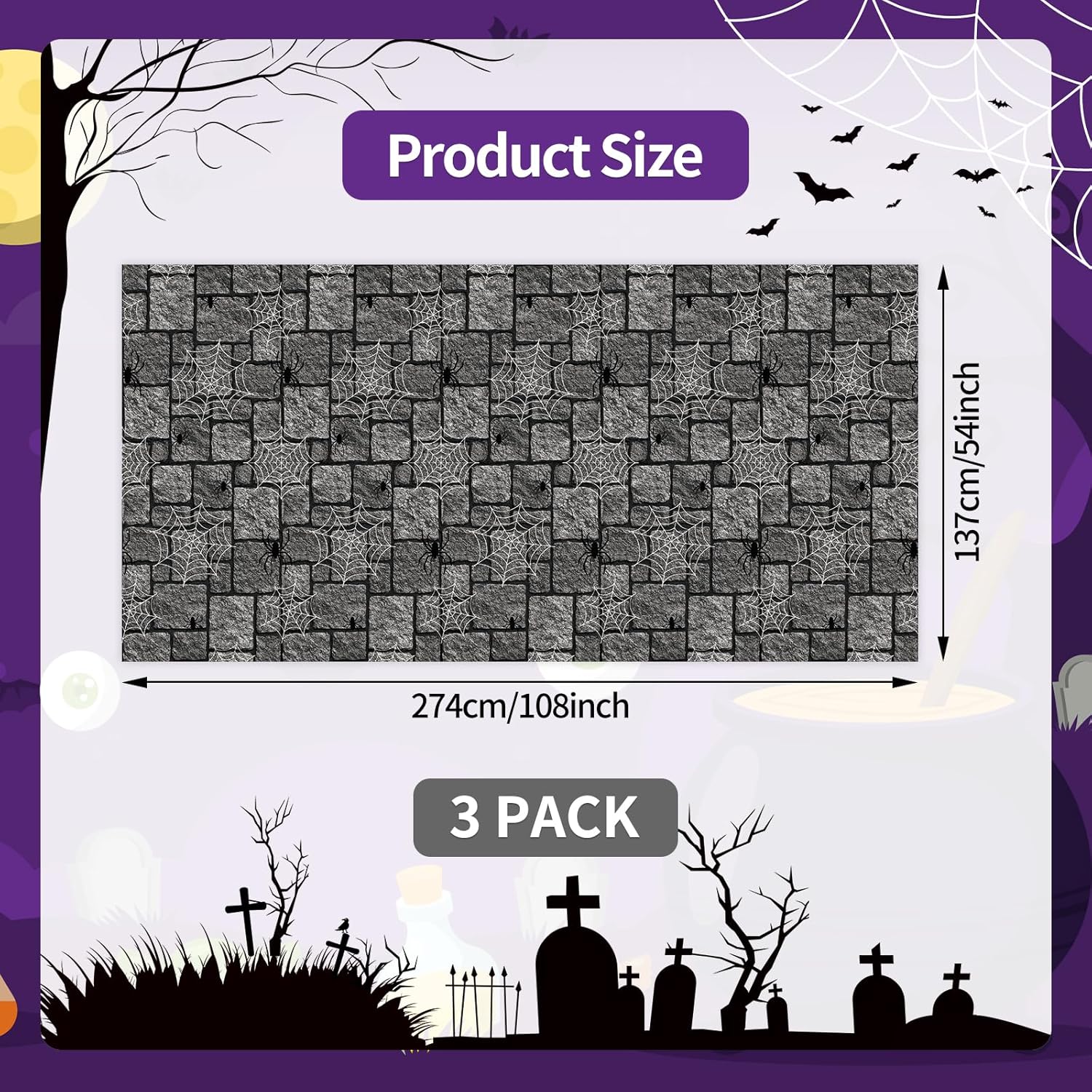 3-Pack Halloween Spiderweb Tablecloth 54x108 Inch