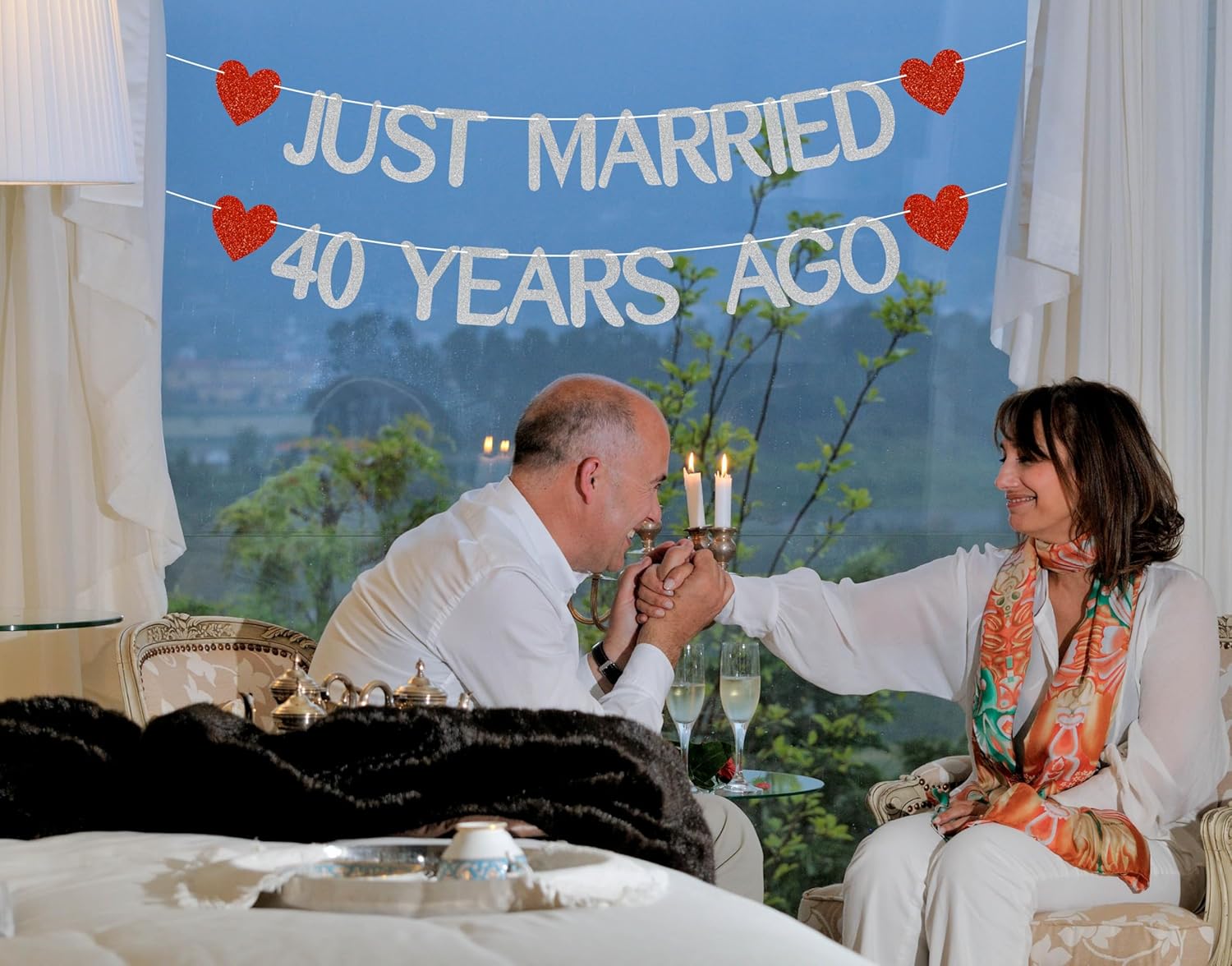 Just Married 40 Years Ago Glitter Banner with Adhesive Hooks