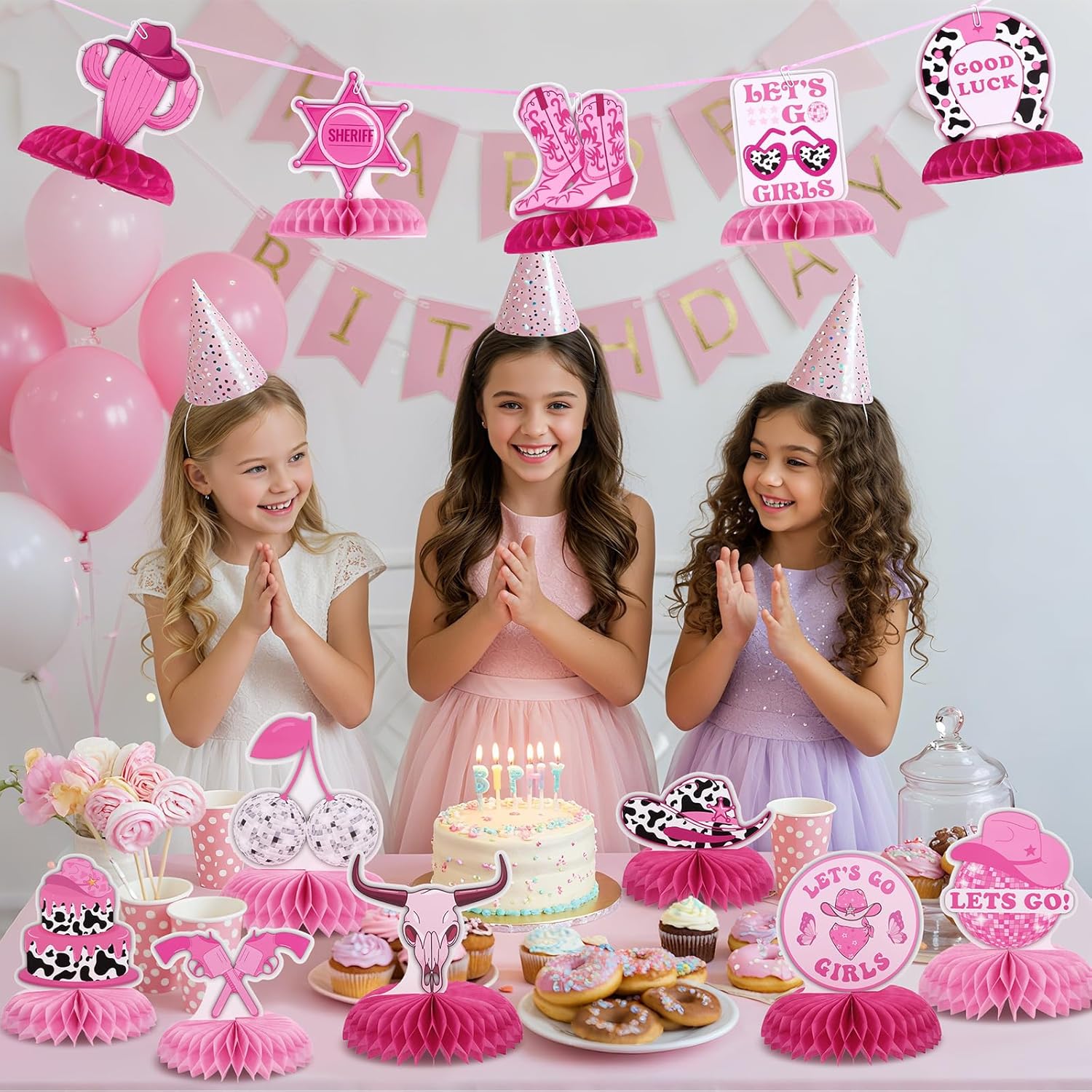 12PCS Pink Cowgirl Honeycomb Centerpieces