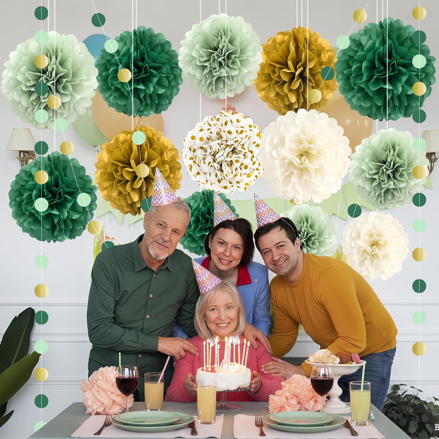 Green Wedding Party Decorations Set 16PCS Tissue Pom Poms Garland