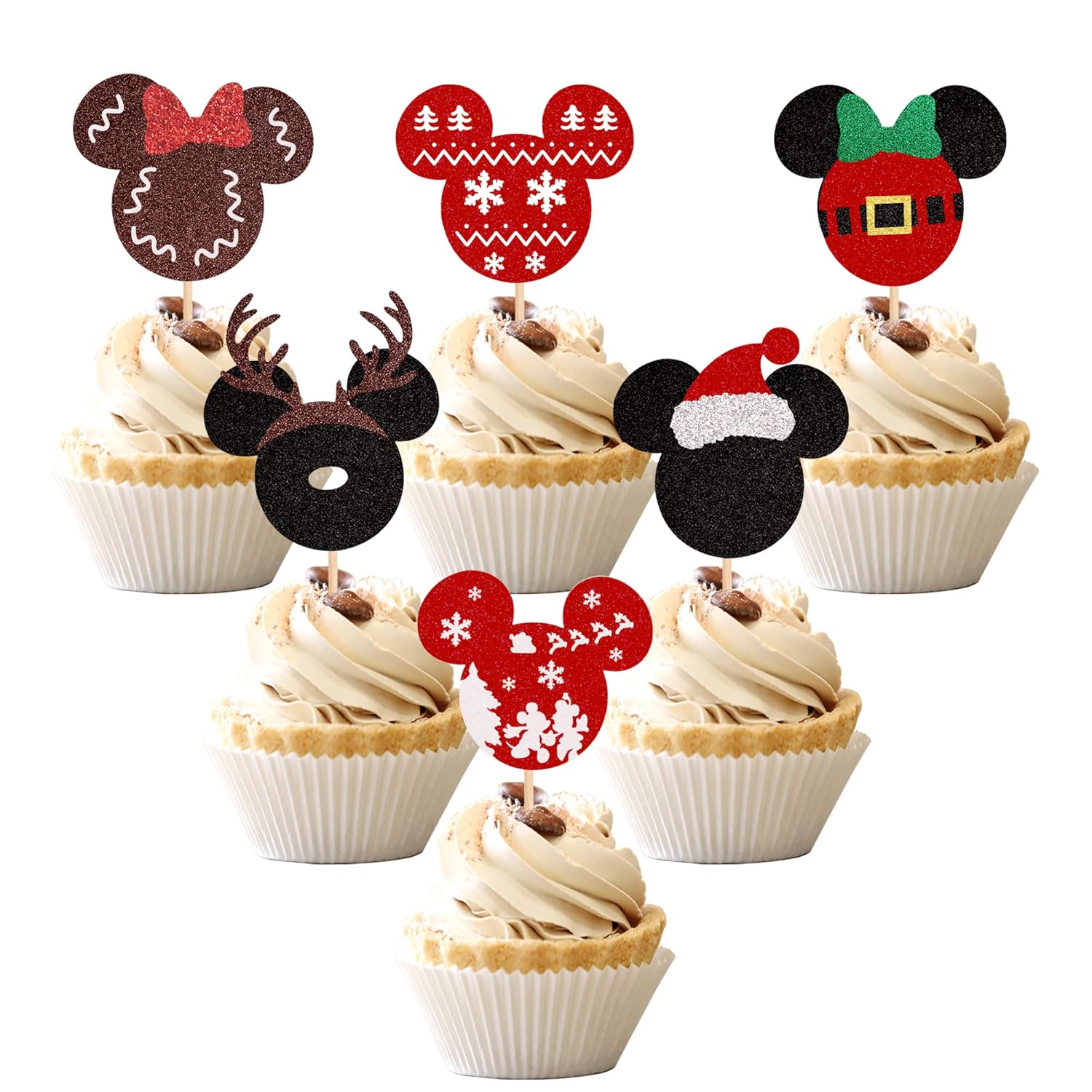 24PCS Glitter Christmas Cupcake Toppers Deer Santa Snowflake Decorations