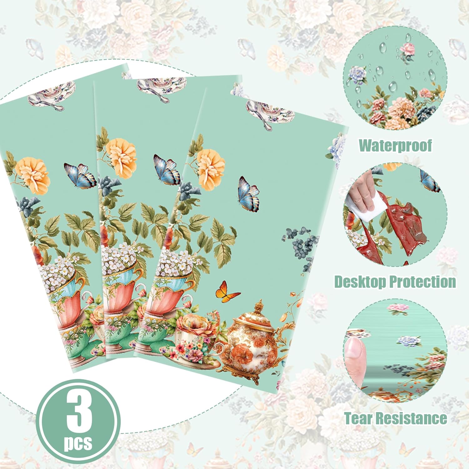 3pcs Tea Party Tablecloth 54x108 Inch Spring Floral Plastic Table Cover