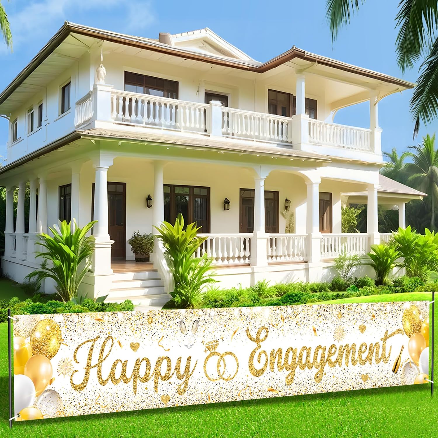 Gold Engagement Party Decorations Happy Engagement Yard Banner Backdrop