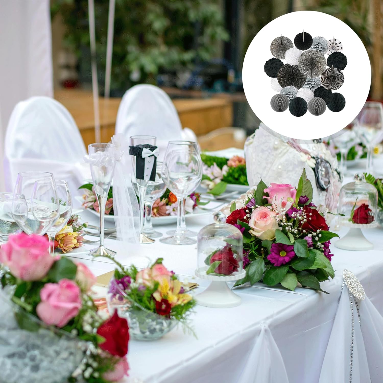 19PCS Party Decor Paper Flowers Lanterns with Streamers Pom Poms