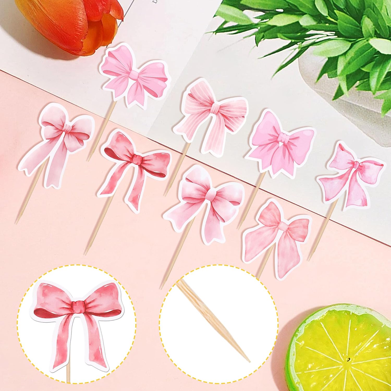 40 Pink Bow Cupcake Toppers for Party Decorations