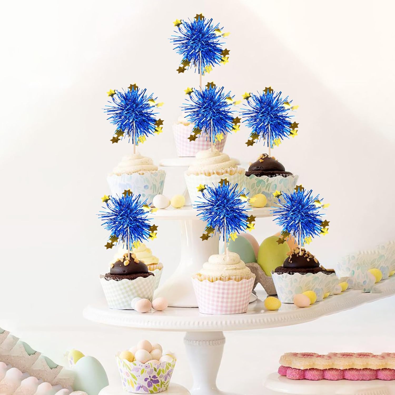 30 PCS Foil Firework Cupcake Toppers Blue Sparkle