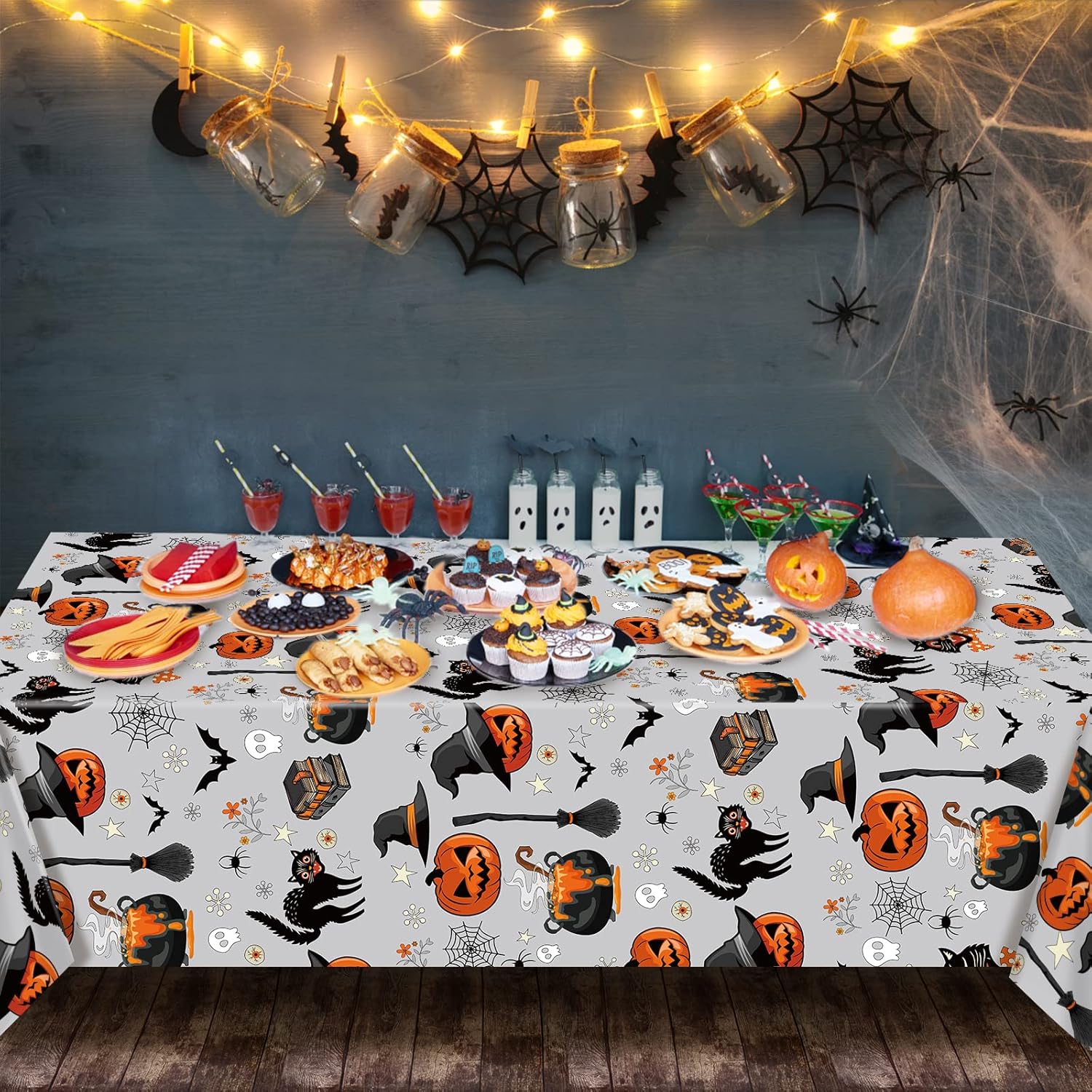 AobkDeco Halloween Tablecloth Set 3pcs Pumpkin Spider Web Bats