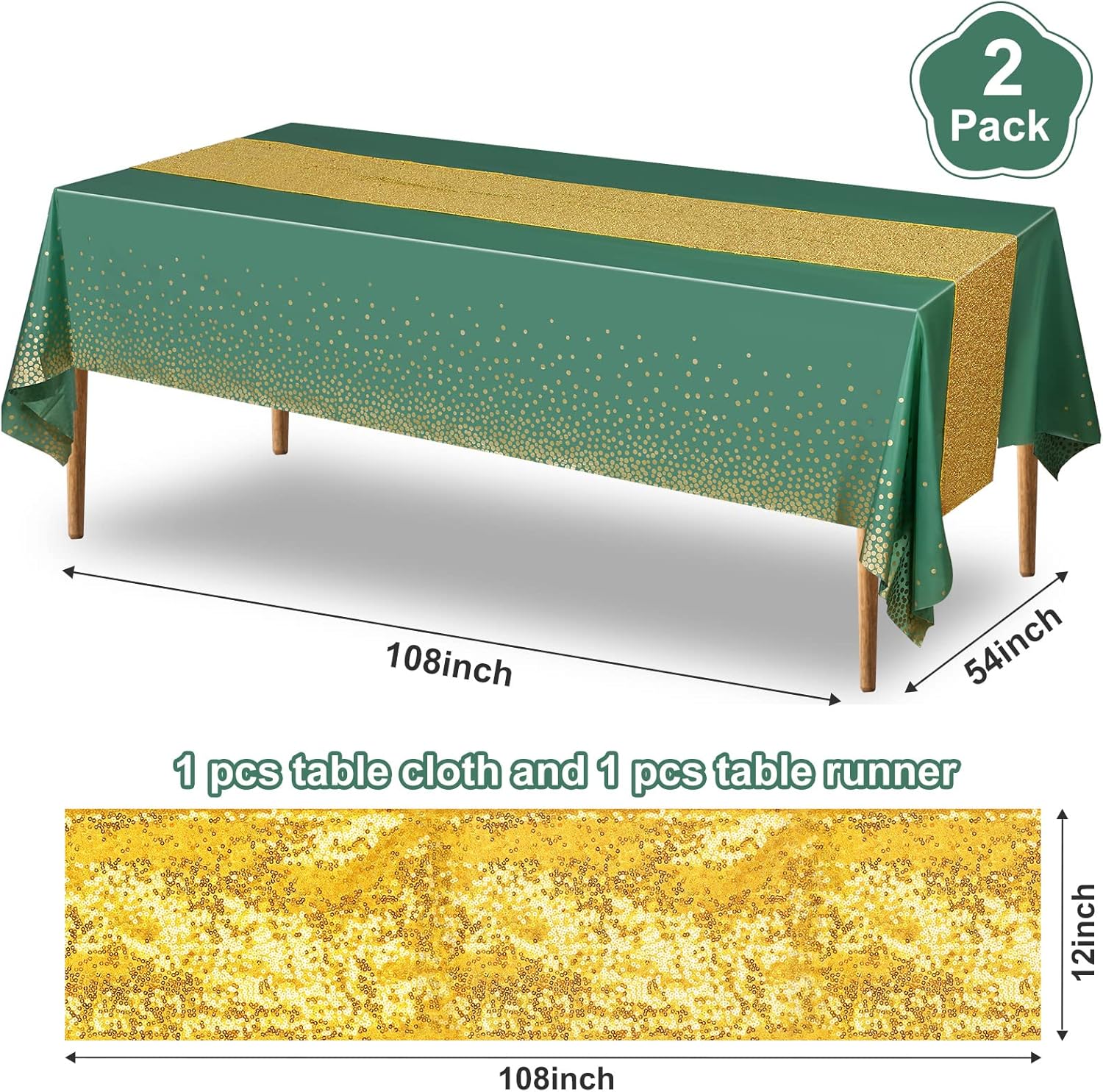 Irenare Tablecloth and Sequin Table Runner Set Green Gold 2 Pcs