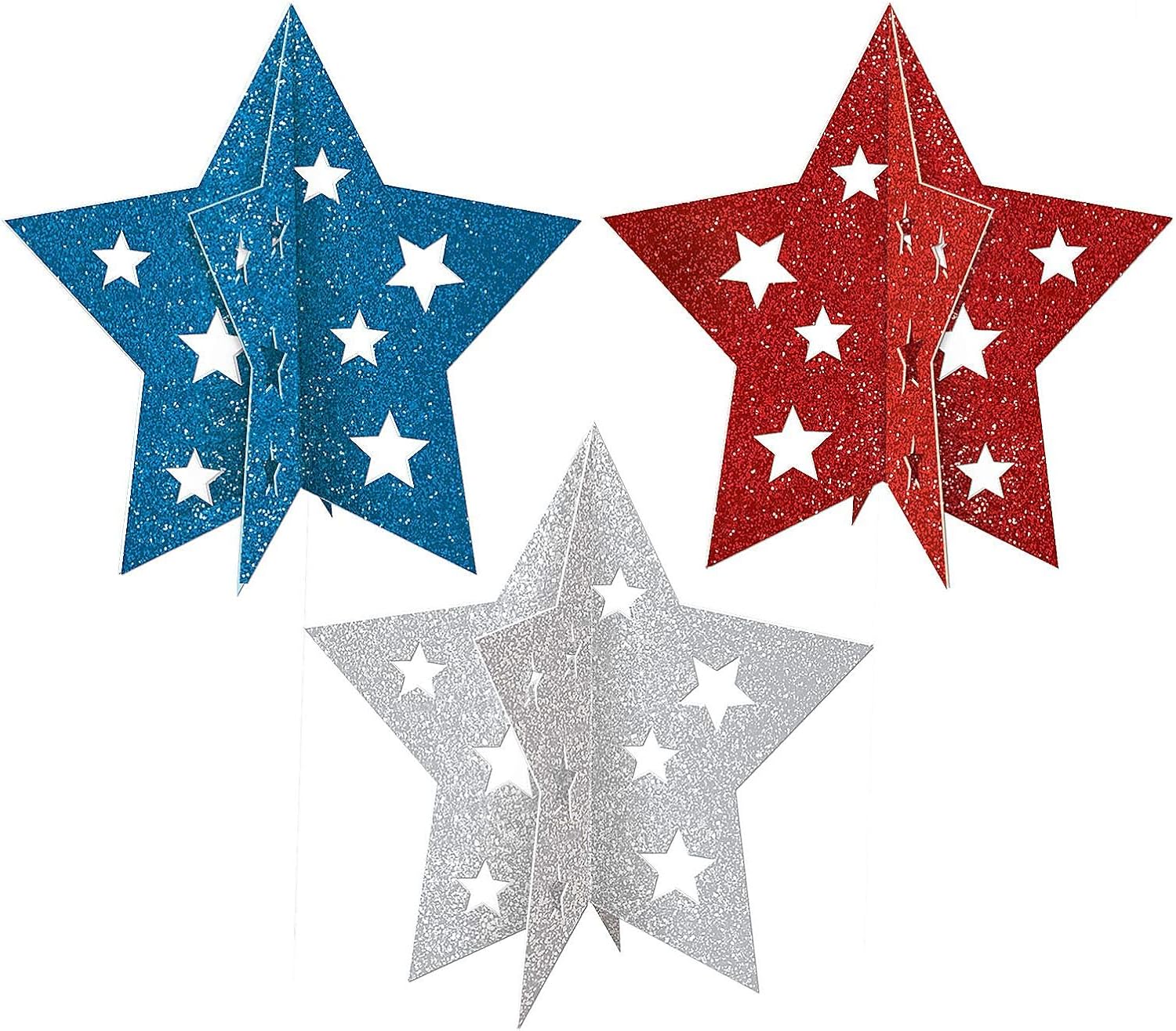 Amscan Patriotic Pride Glitter Paper Mini 3D Centerpieces 5 Inch 3 Pc