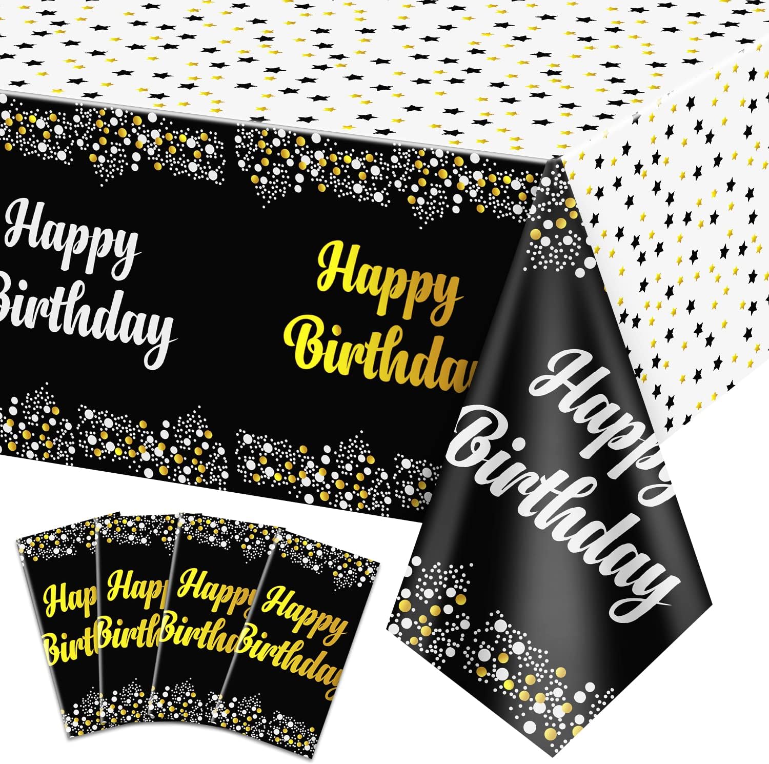 4 Pack Happy Birthday Tablecloths Black Gold Decor 54x108 Inch