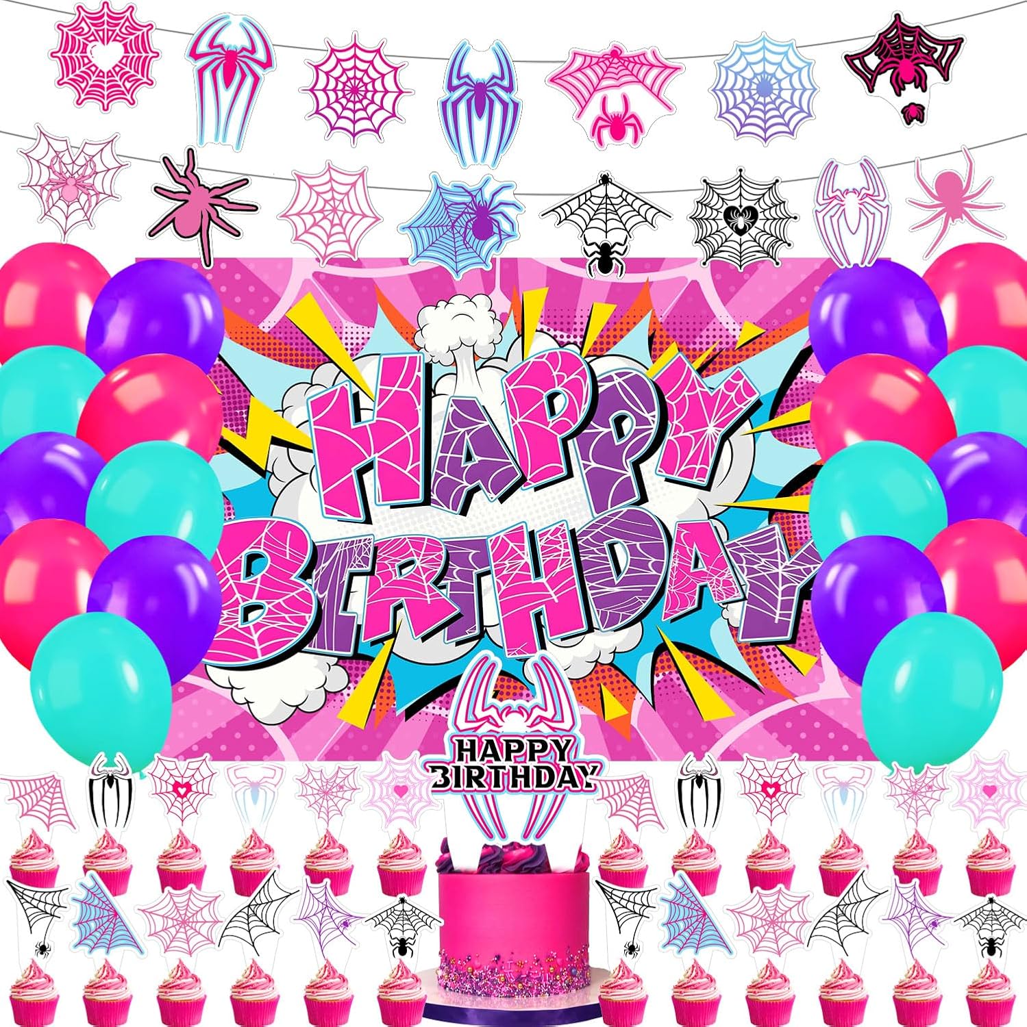 59 Pcs Pink Spider Party Decor Set
