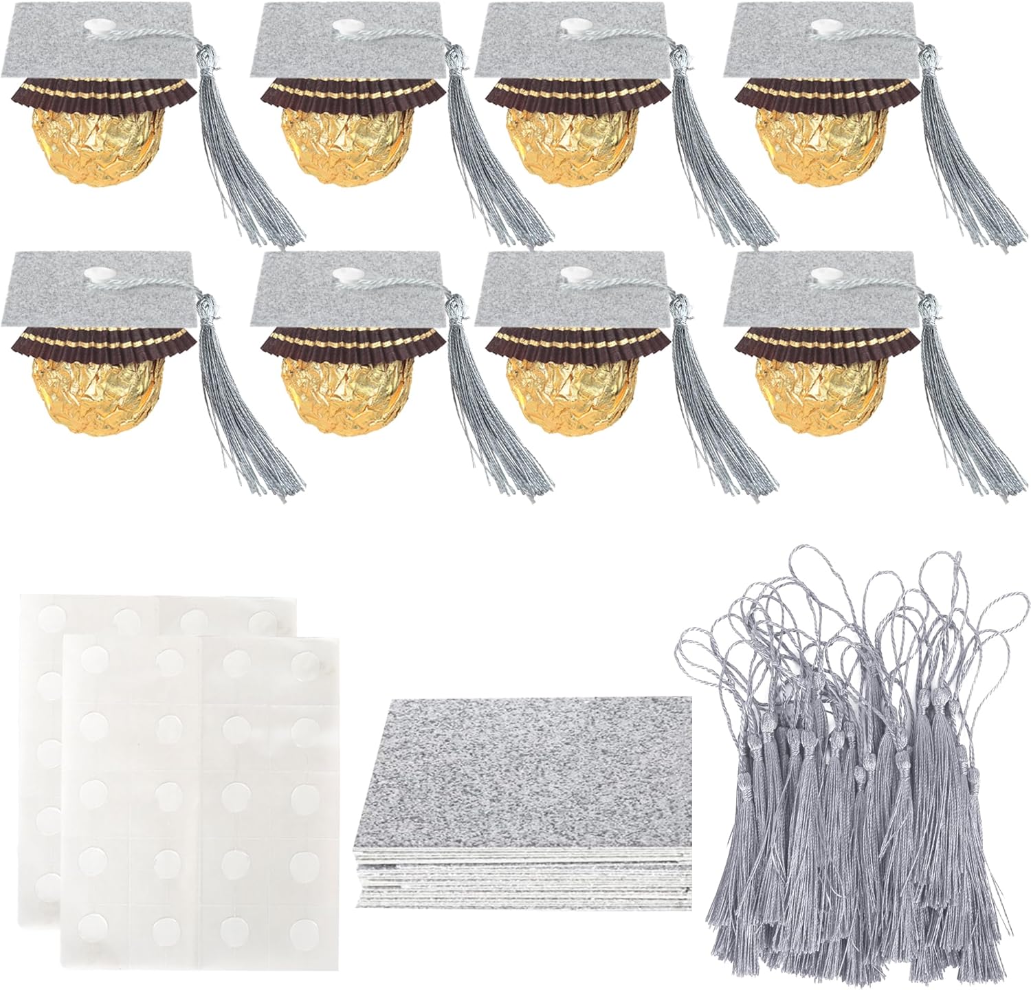 2025 Graduation Cap Cupcake Toppers with Tassel Adhesive Dots Silver