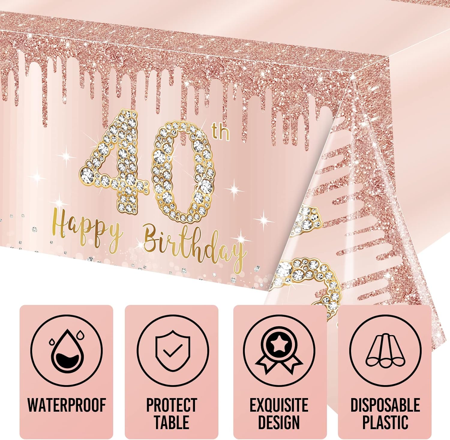 3 Pack Pink Rose Gold 40th Birthday Tablecloths - Disposable Decorations