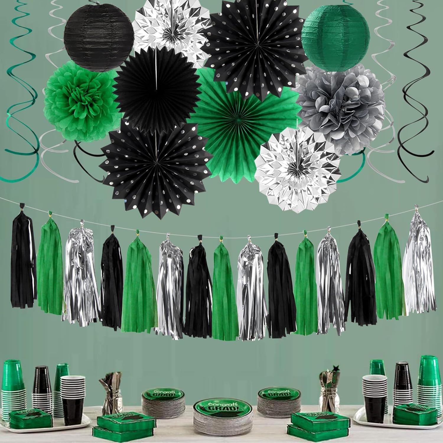 Hugtmr Black Green Silver Football Party Decorations 33pcs Set