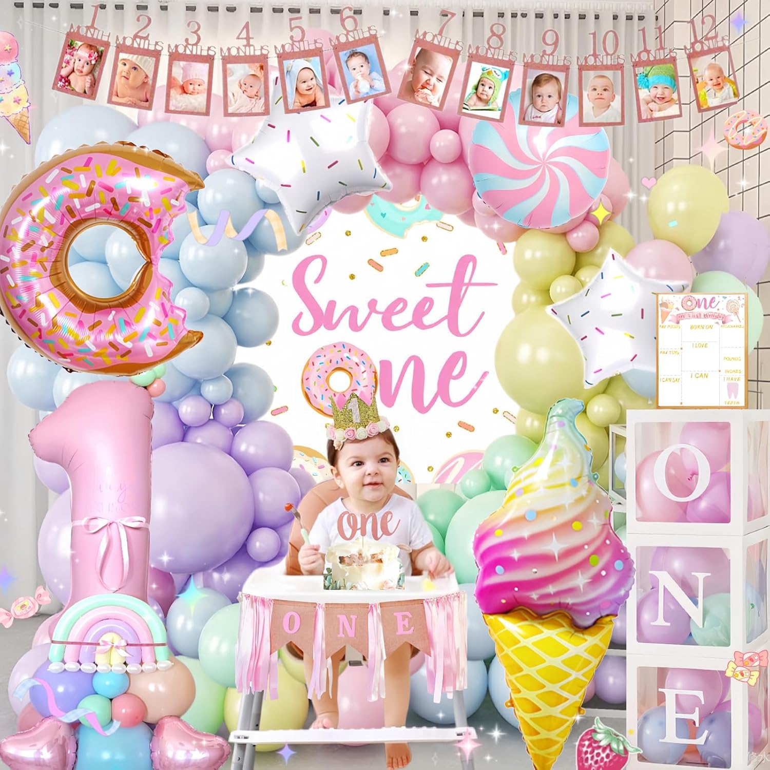 1st Birthday Decorations for Girl 128pcs Balloon Set