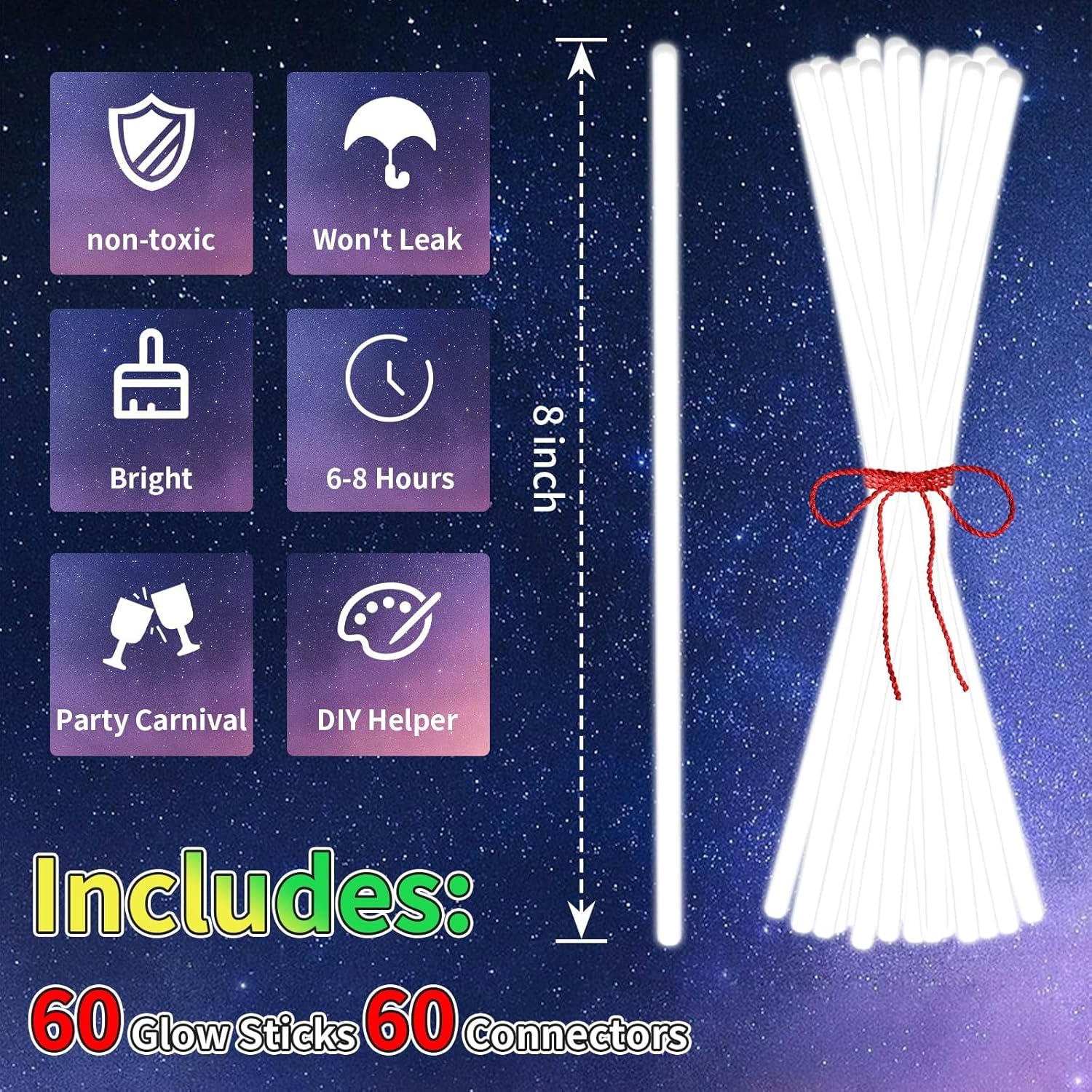60 Pack 8 White Glow Sticks with 60 Connectors