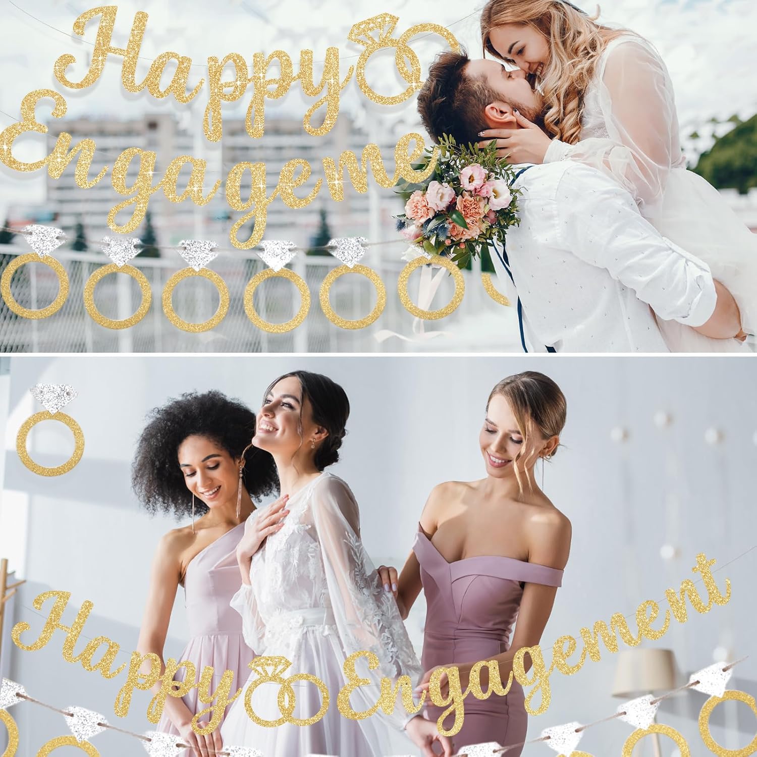3 Pcs Glitter Gold Silver Engagement Party Banners