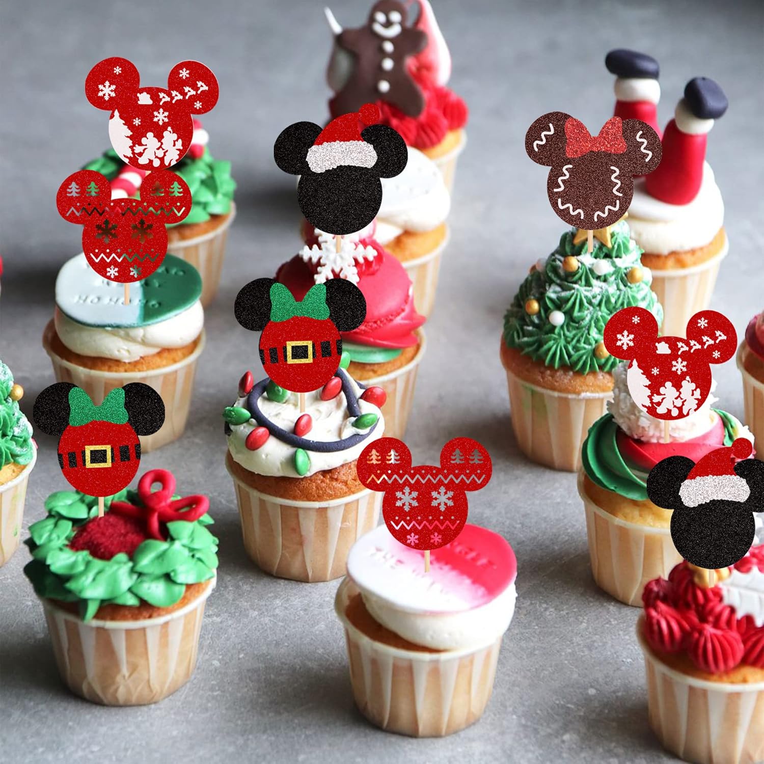 24PCS Glitter Christmas Cupcake Toppers Deer Santa Snowflake Decorations