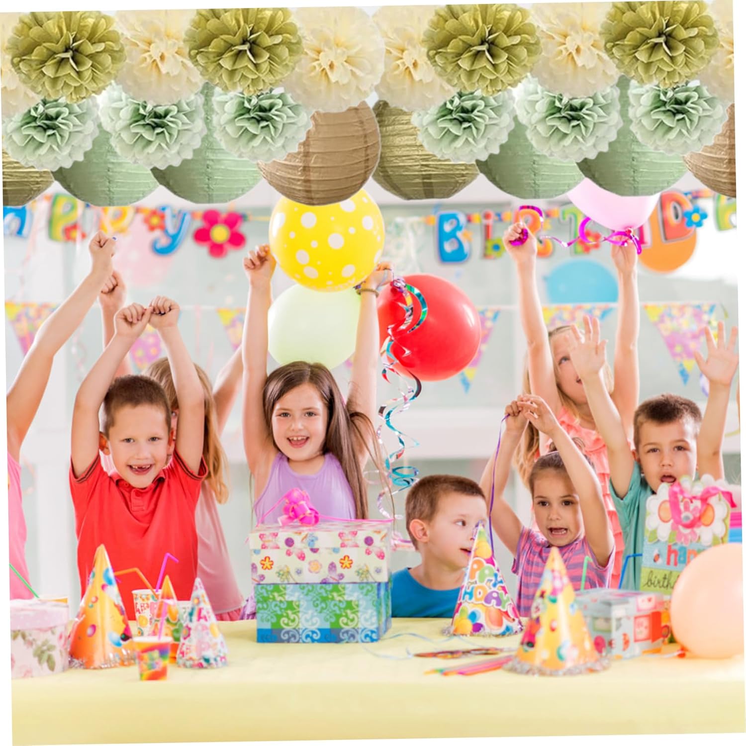 Comebachome 15PCS Paper Pom Poms Set Green Gold Tissue Decorations