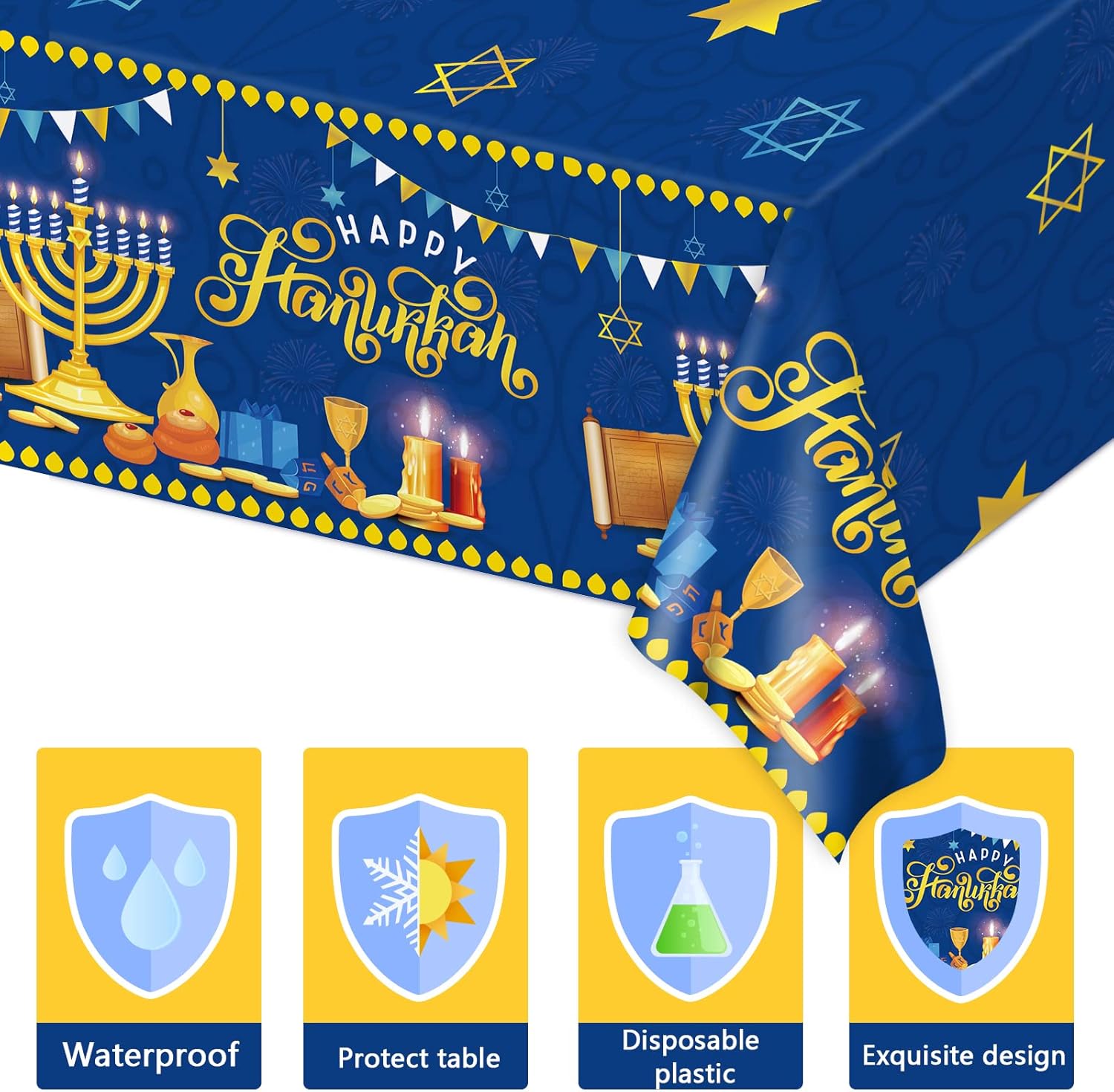 3 Pcs Hanukkah Tablecloths Blue Gold Fabric Decorations