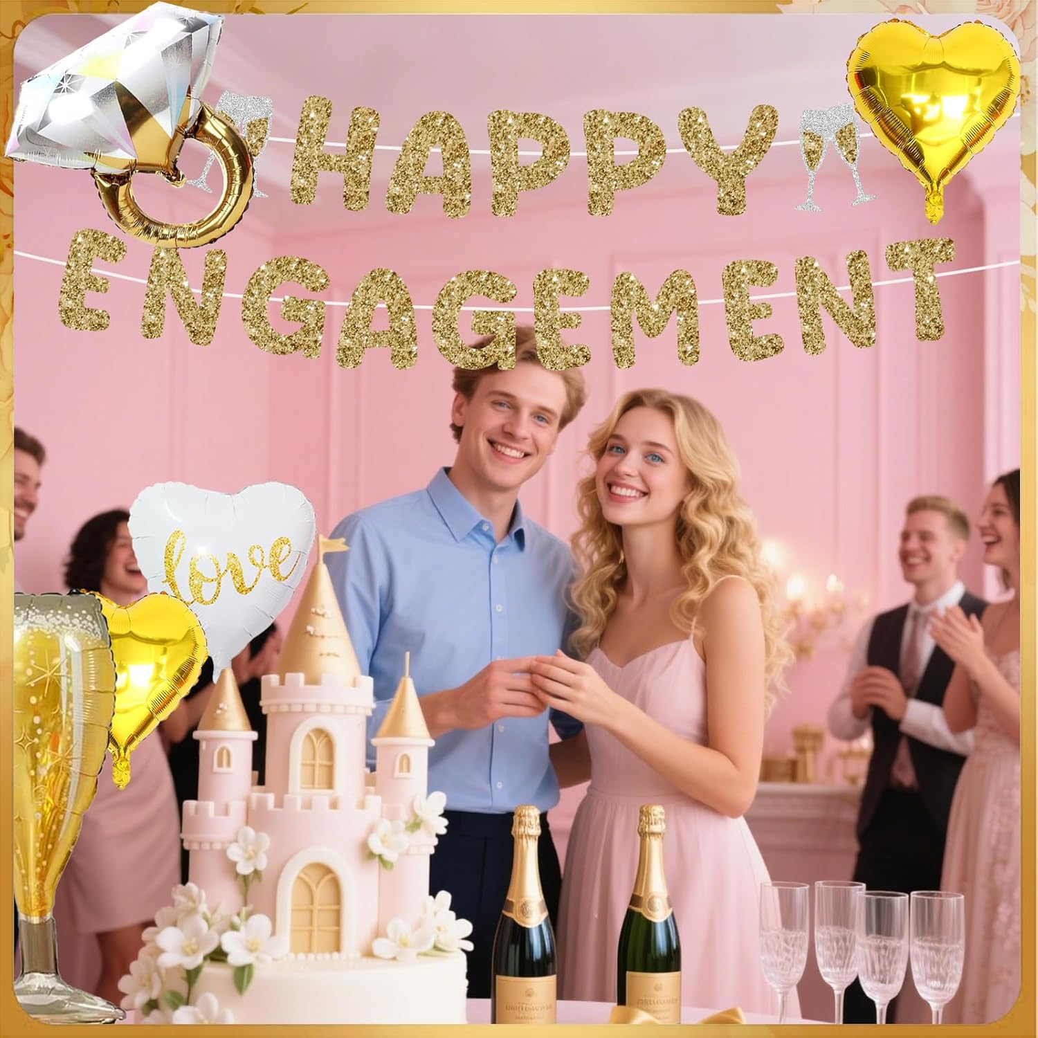 Champagne Gold Happy Engagement Banner Set