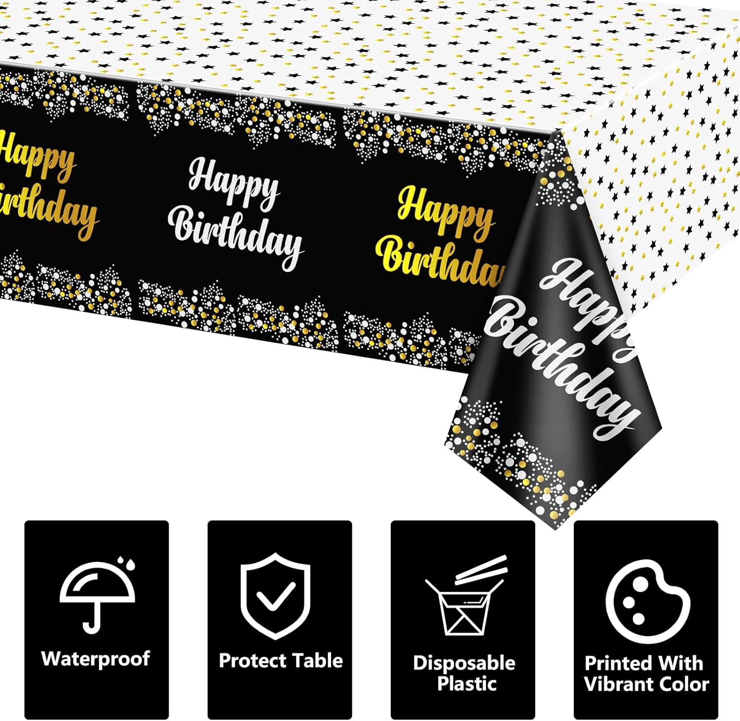 4 Pack Happy Birthday Tablecloths Black Gold Decor 54x108 Inch