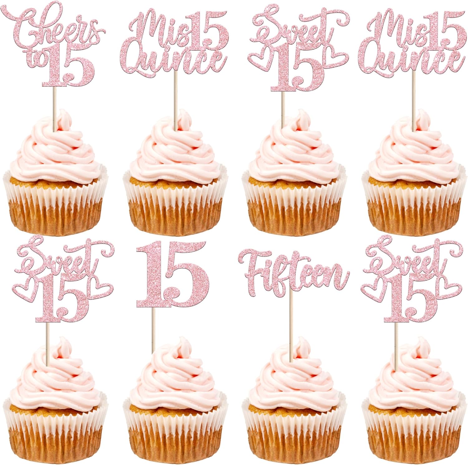 30PCS Happy 15th Birthday Cupcake Toppers Glitter Pink