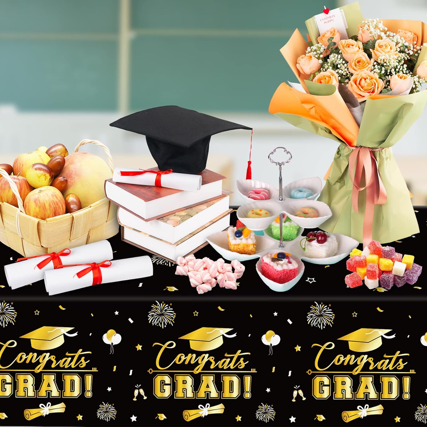 3 Pcs Graduation Tablecloth - Black Gold 54x108 Inch