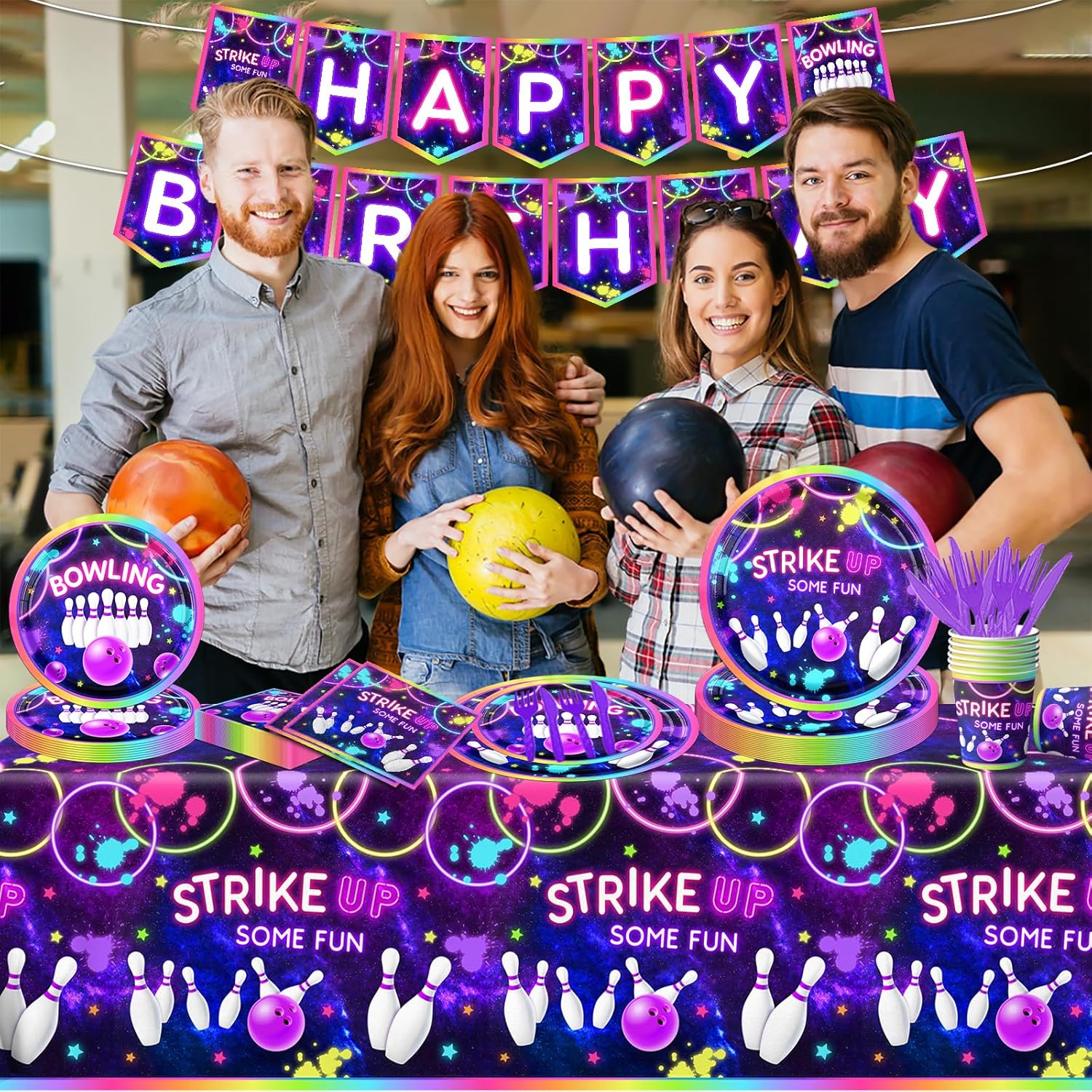 Bowling Party Tableware Set 142Pcs Neon Glow Fun Decorations