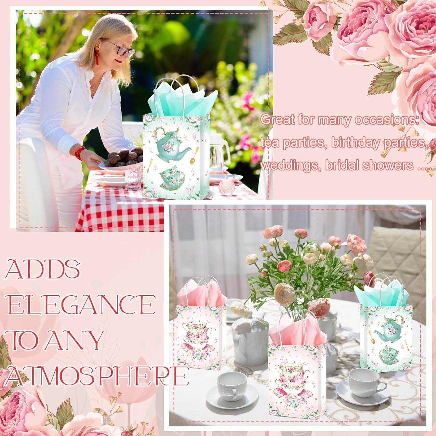 24 Pcs Tea Party Gift Bags with Handles Pink Green