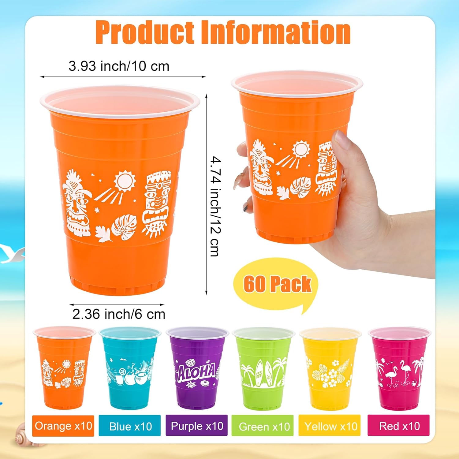 60 Piece Tropical Luau Cups for Parties